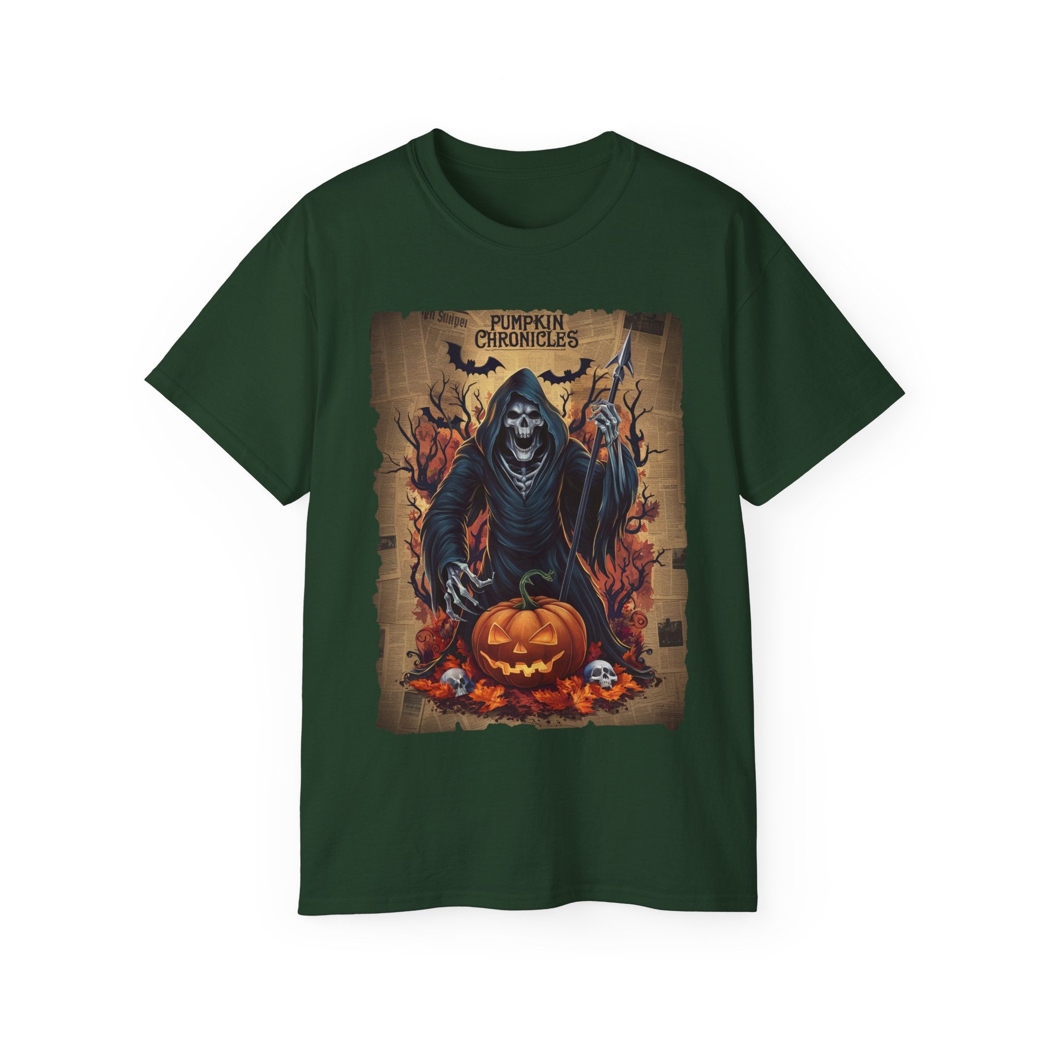 Pumpkin Chronicles Grim Reaper T-Shirt – Halloween Scythe & Pumpkin Skull Design