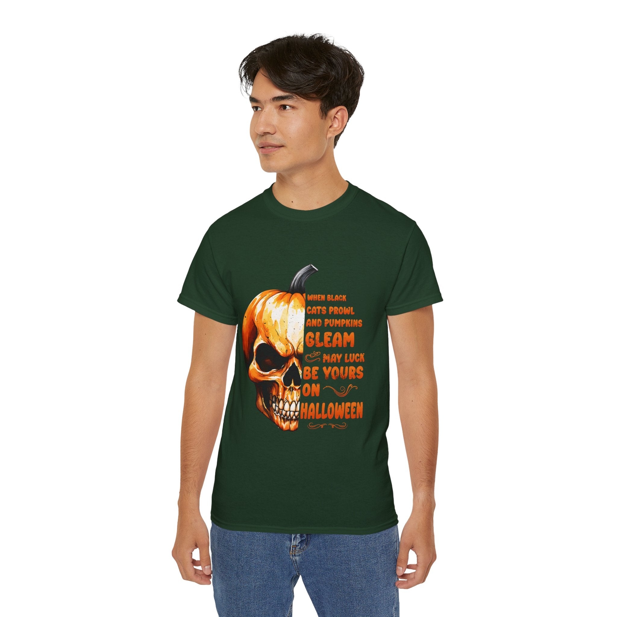 Pumpkin Skull Halloween T-Shirt – Spooky Skull and Pumpkin Half Design