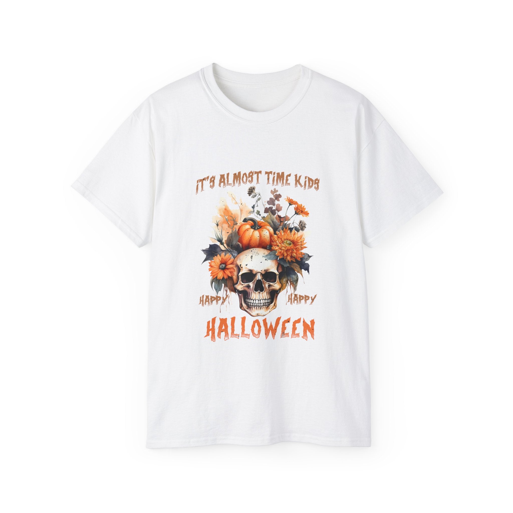 Happy Happy Halloween Skull & Pumpkin T-Shirt – Fall Floral Halloween Design