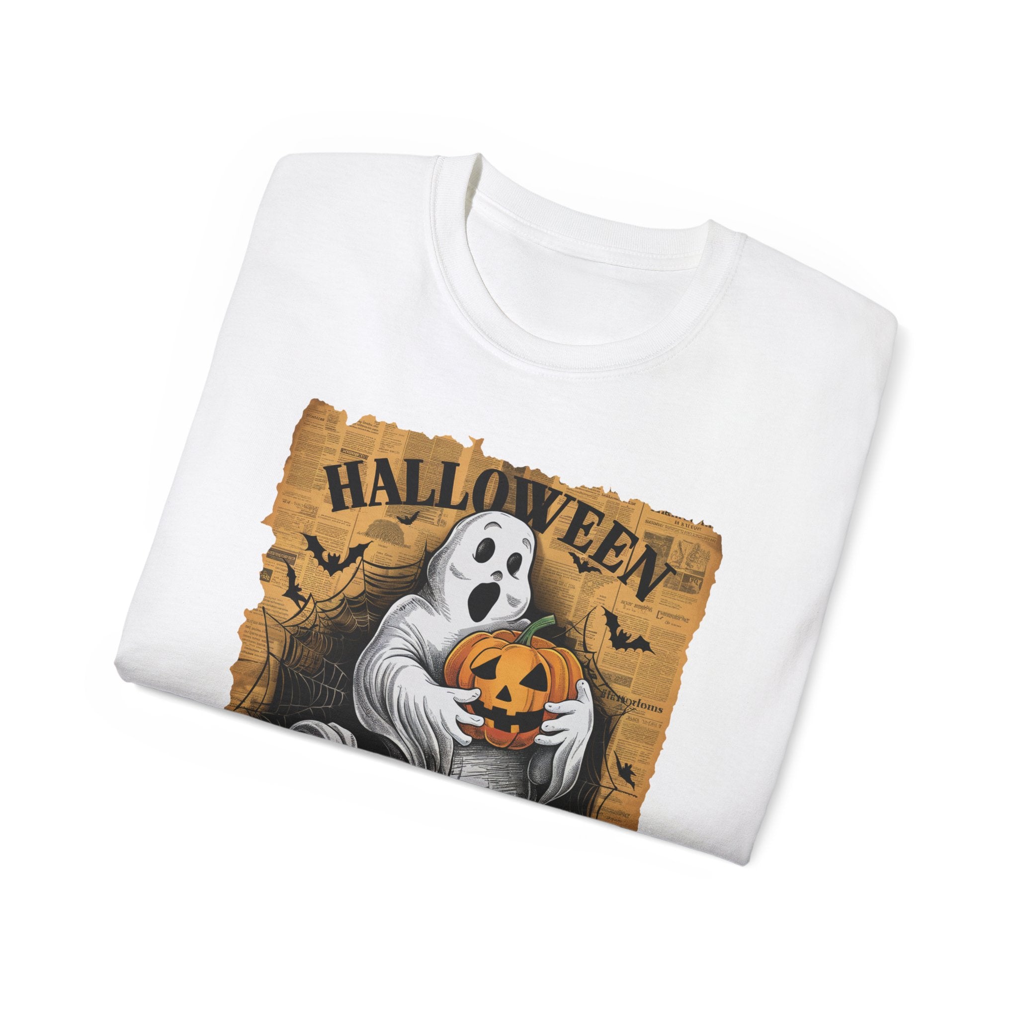 Halloween Ghost and Pumpkin T-Shirt – Vintage Newspaper Background Design