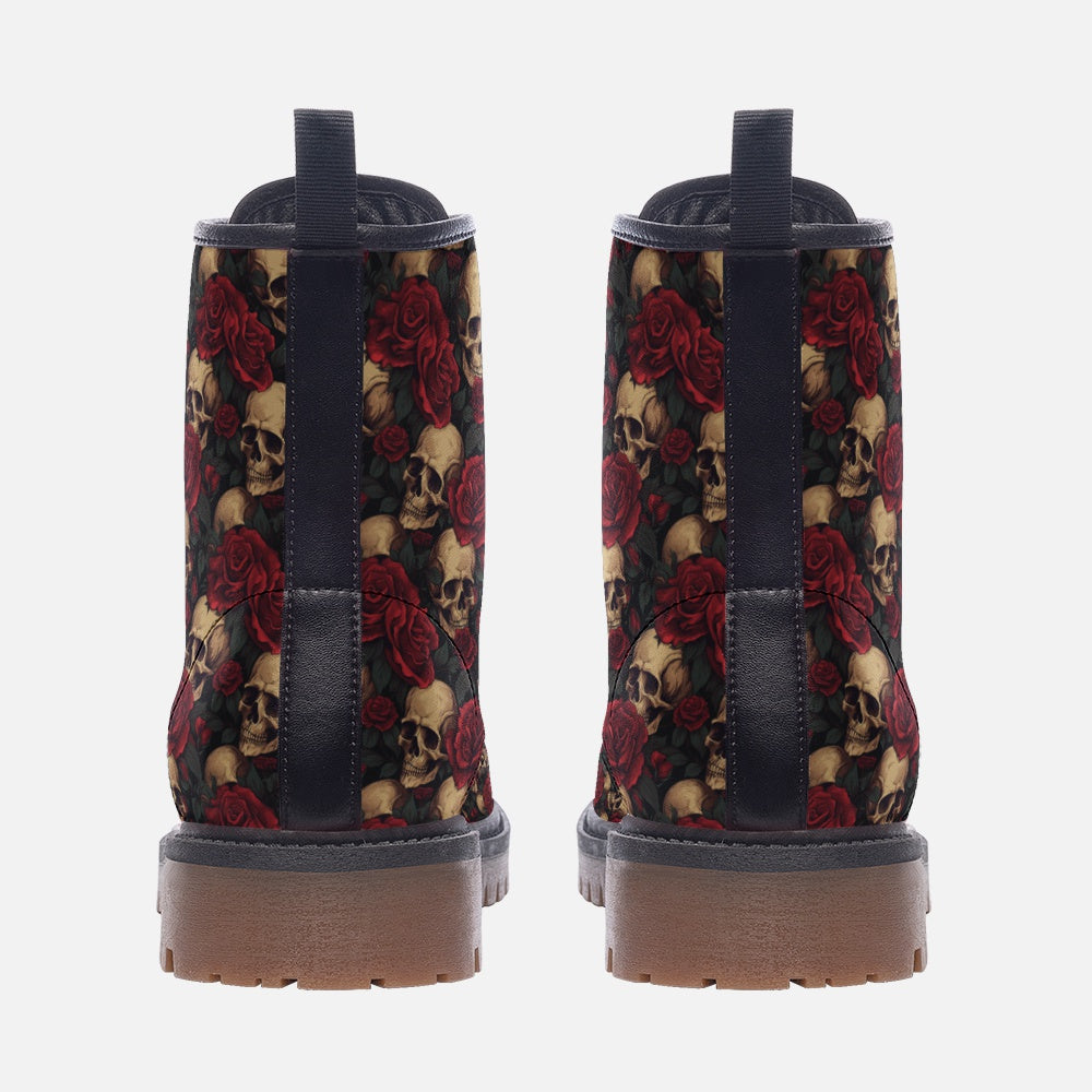 Vegan Combat Boots Red Rose Skull
