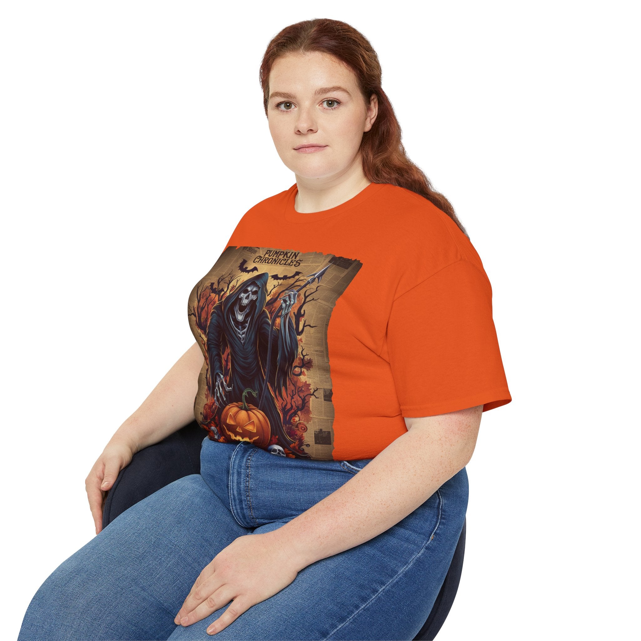 Pumpkin Chronicles Grim Reaper T-Shirt – Halloween Scythe & Pumpkin Skull Design