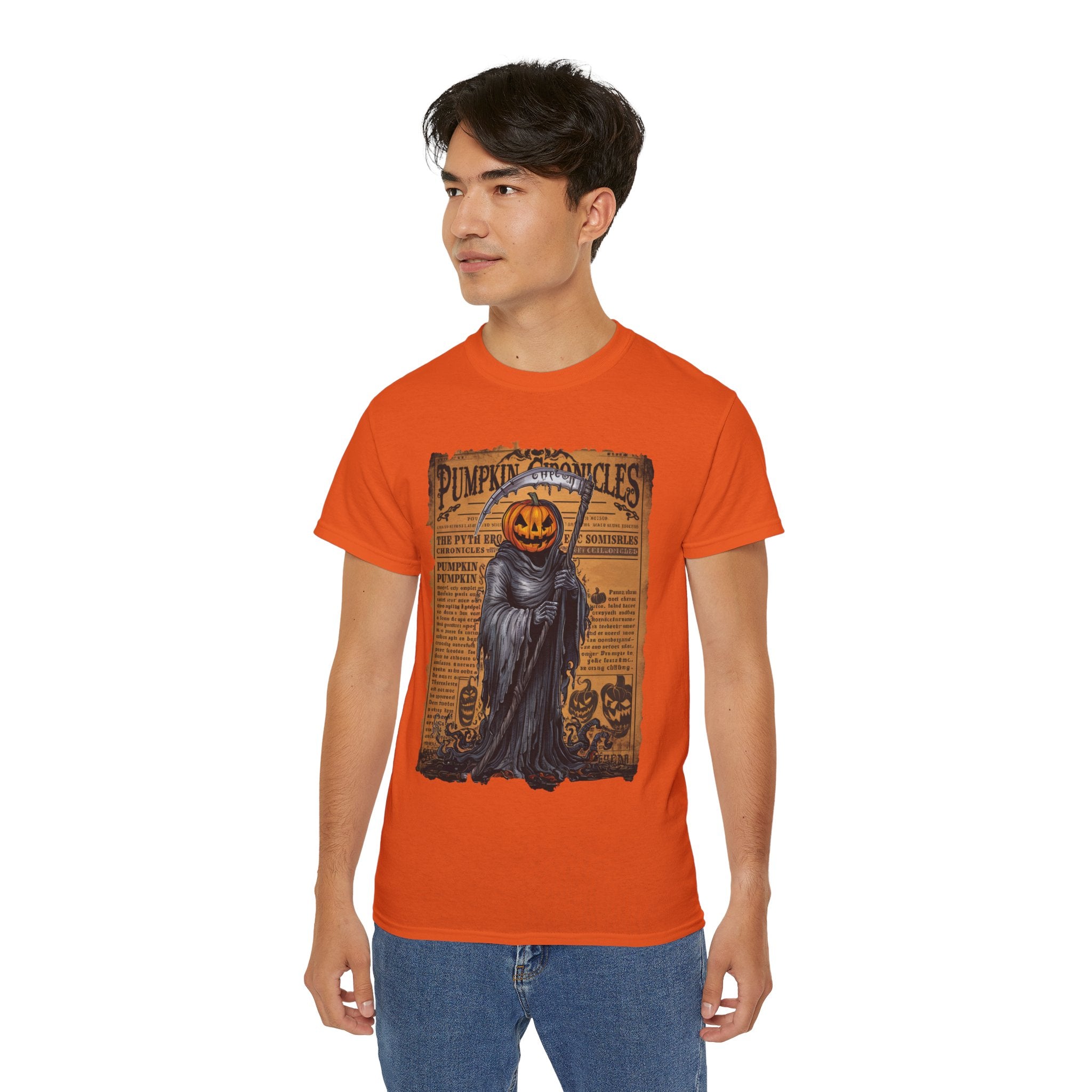 Pumpkin Chronicles Grim Reaper T-Shirt – Halloween Pumpkin Head Scythe Design