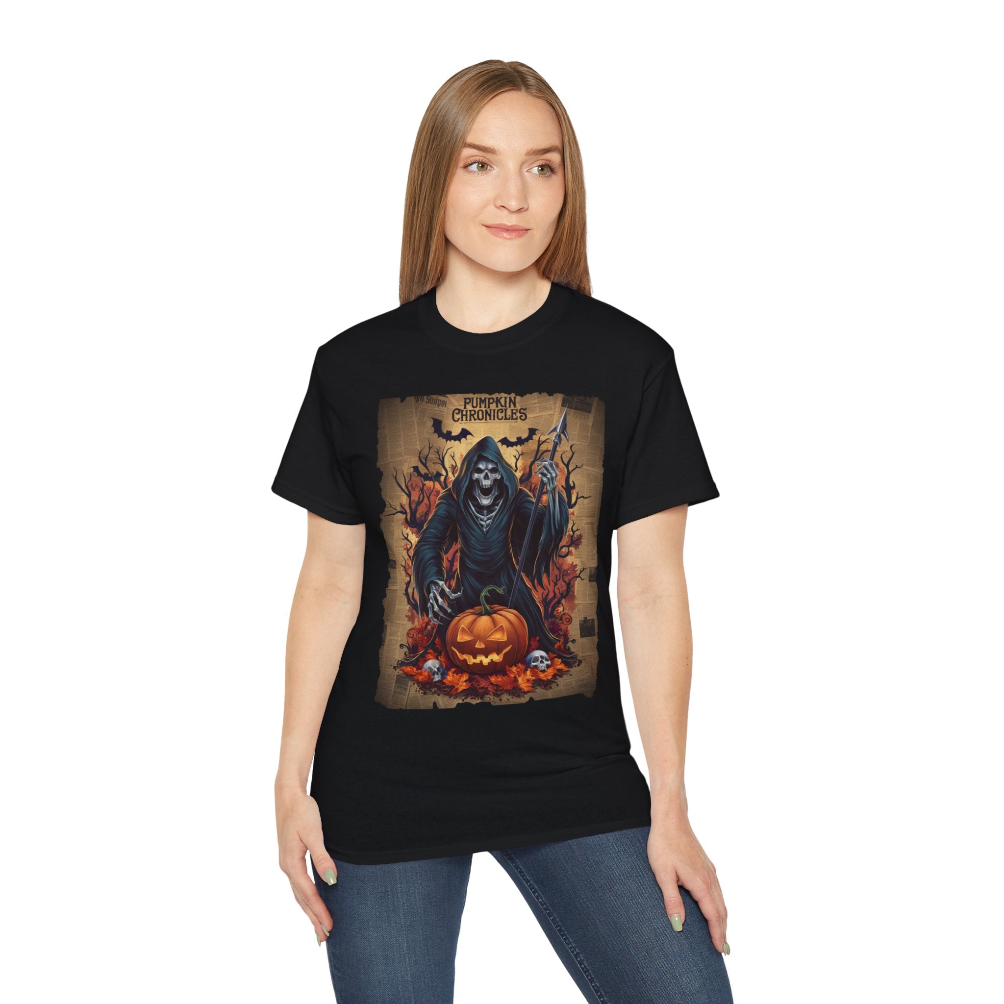 Pumpkin Chronicles Grim Reaper T-Shirt – Halloween Scythe & Pumpkin Skull Design