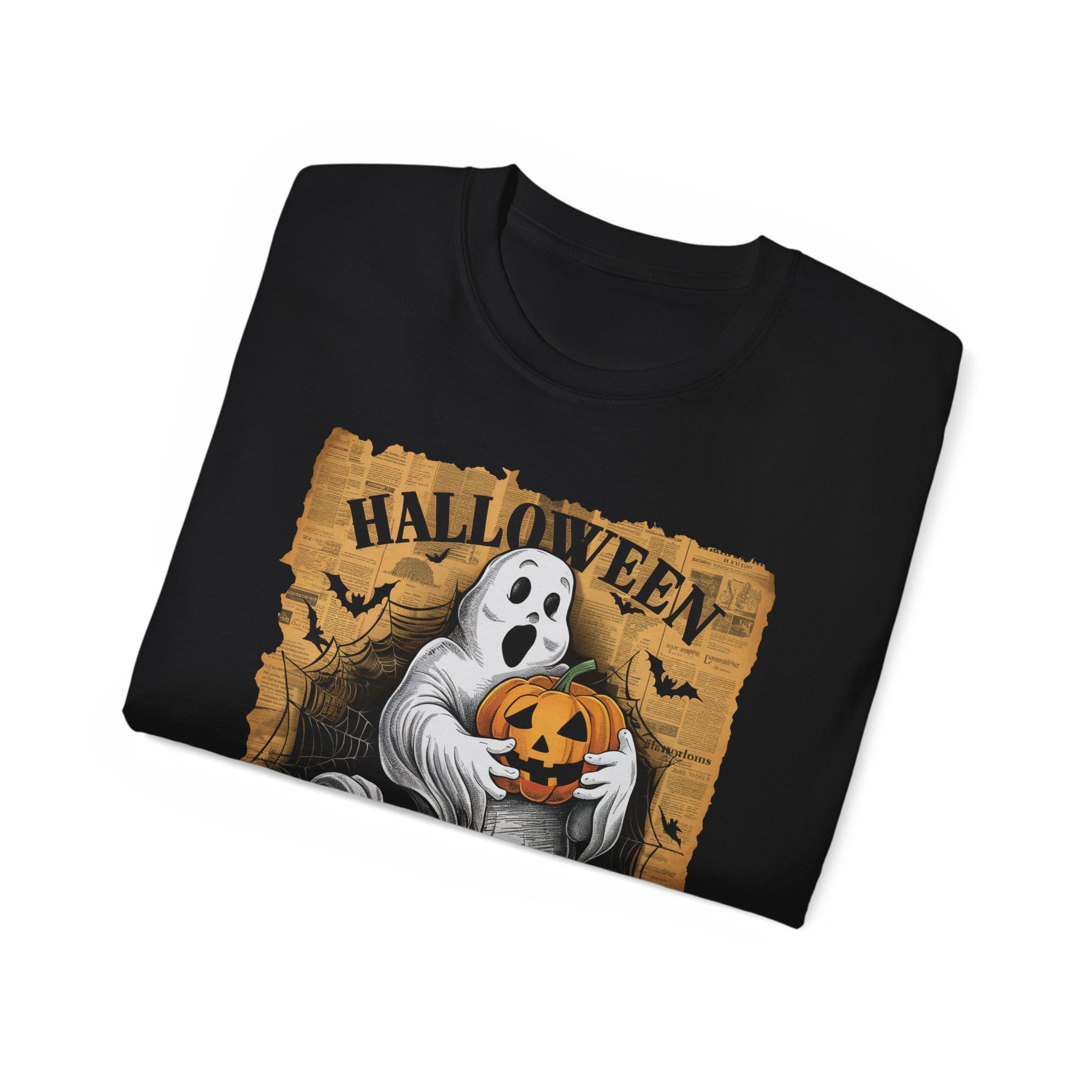 Halloween Ghost and Pumpkin T-Shirt – Vintage Newspaper Background Design