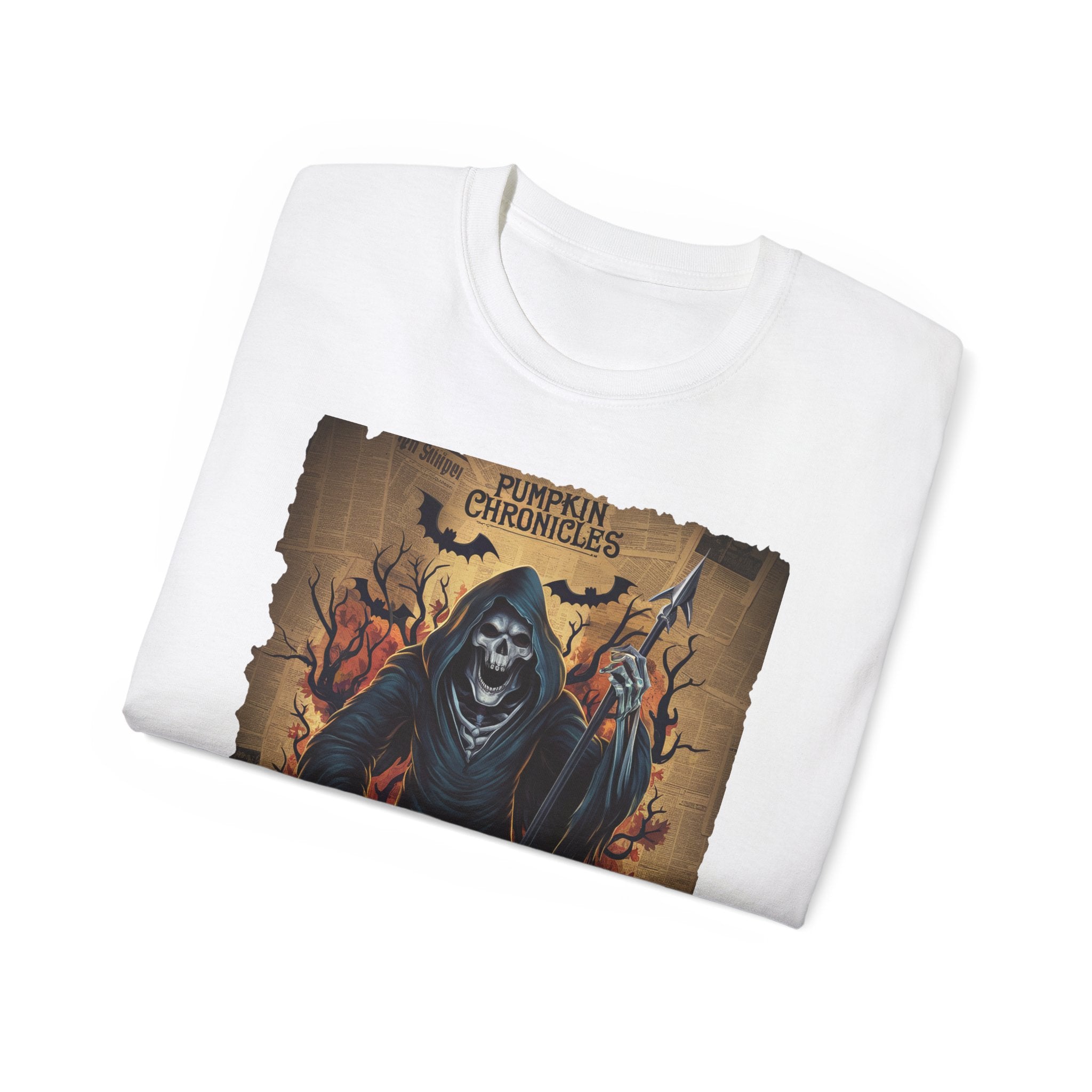 Pumpkin Chronicles Grim Reaper T-Shirt – Halloween Scythe & Pumpkin Skull Design