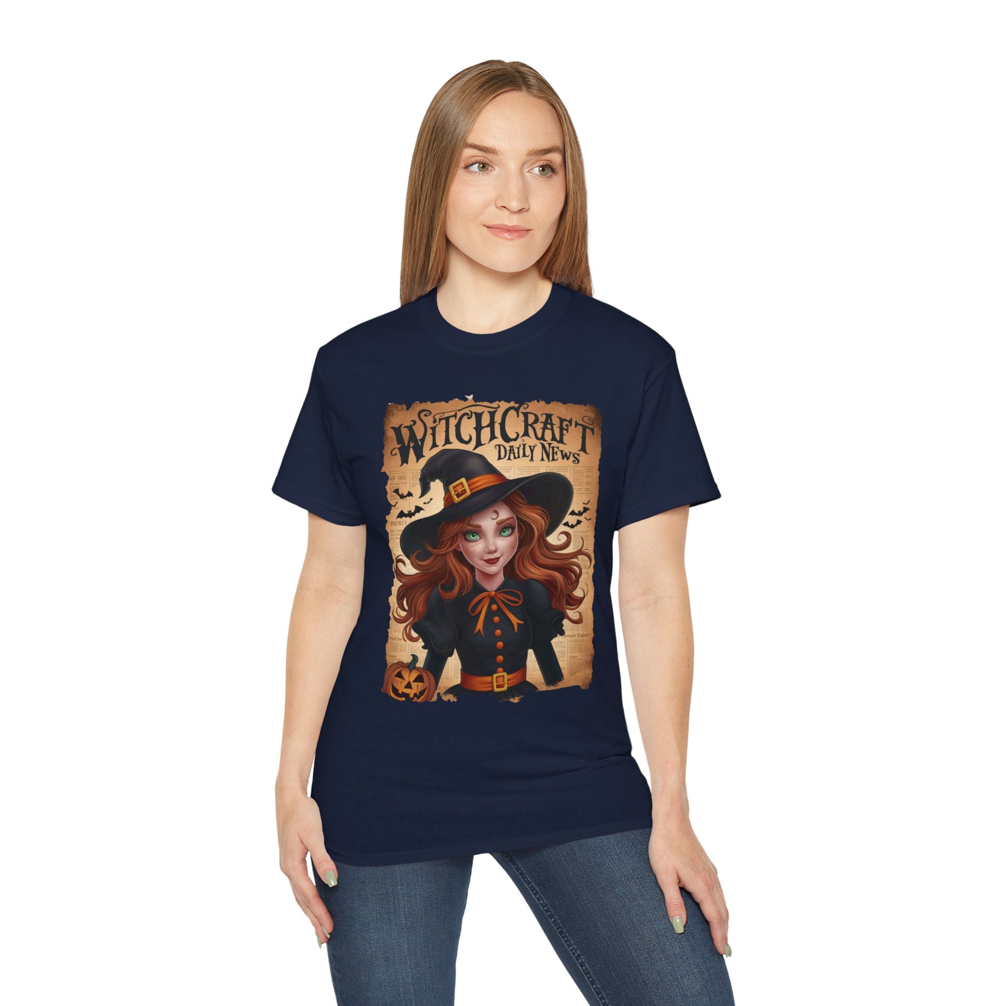 Witchcraft Daily News T-Shirt – Halloween Witch with Pumpkin Design