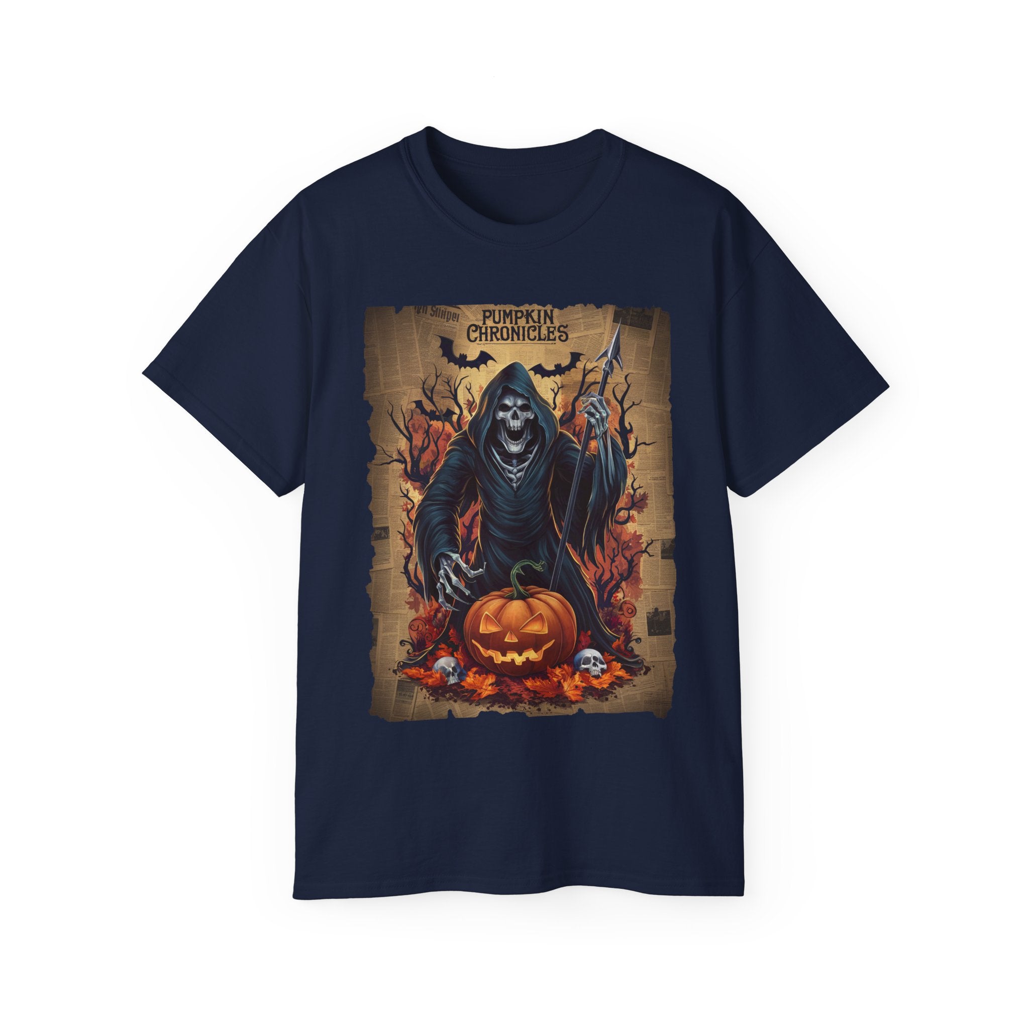 Pumpkin Chronicles Grim Reaper T-Shirt – Halloween Scythe & Pumpkin Skull Design