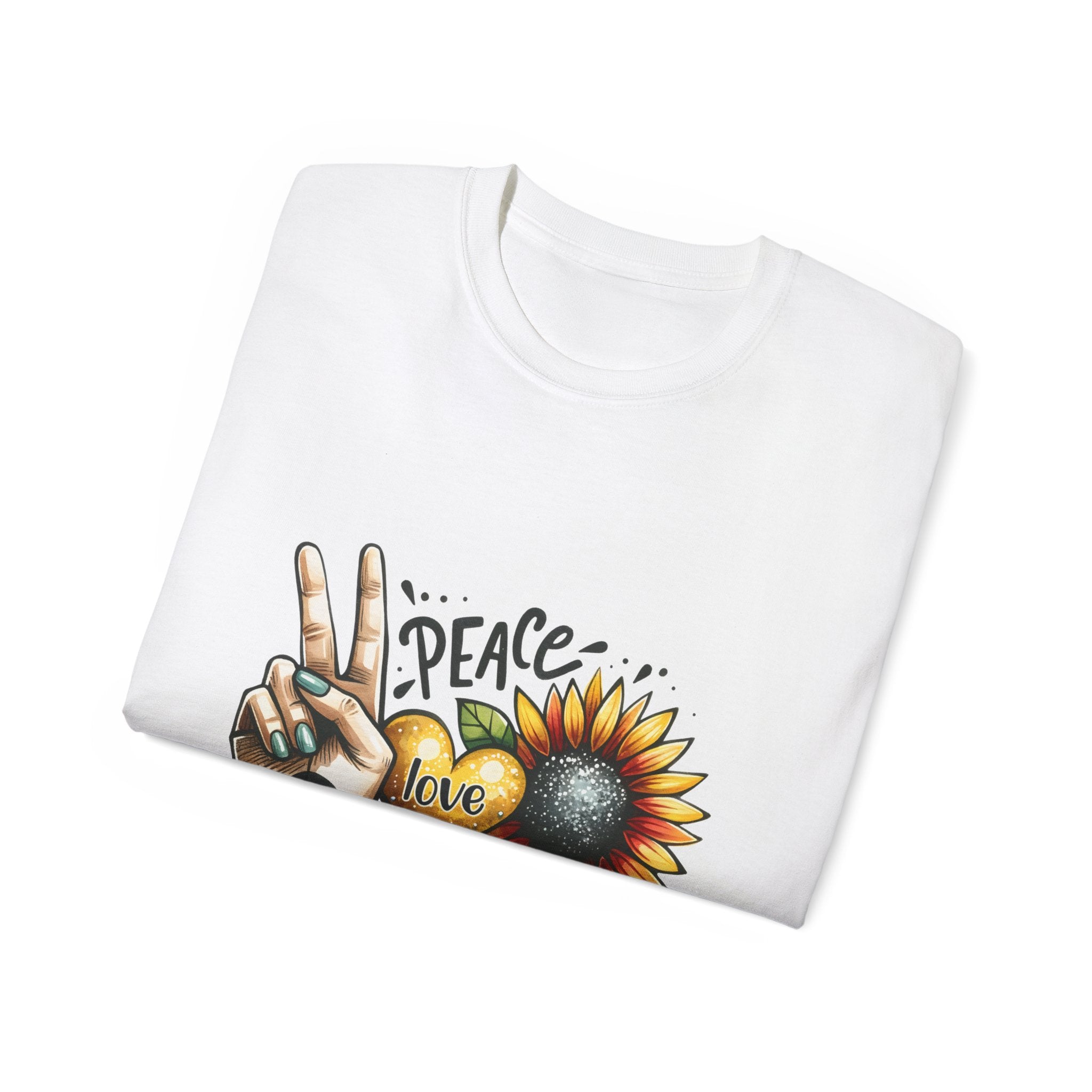 T-shirt girasole, t-shirt Peace Love Sunshine