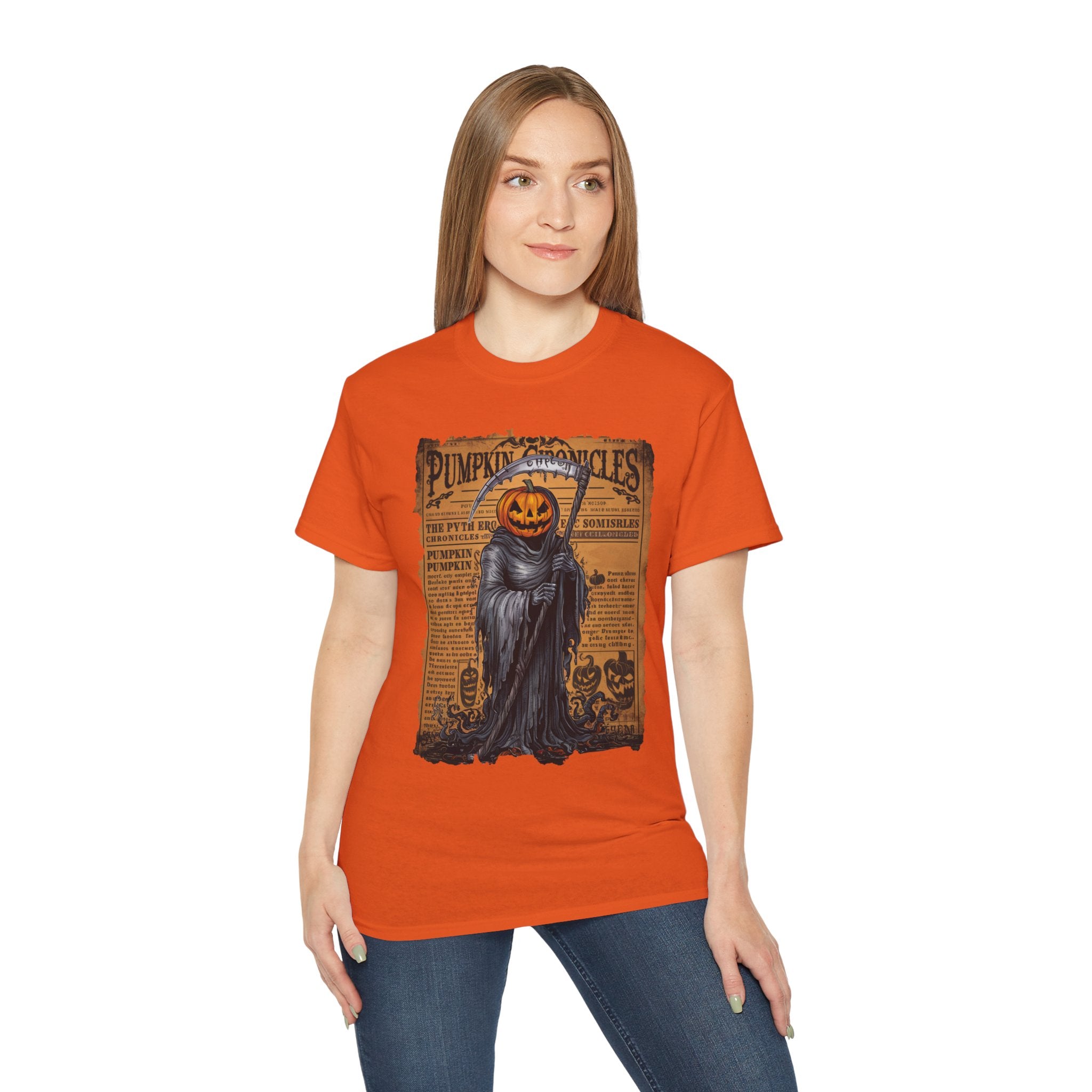 Pumpkin Chronicles Grim Reaper T-Shirt – Halloween Pumpkin Head Scythe Design