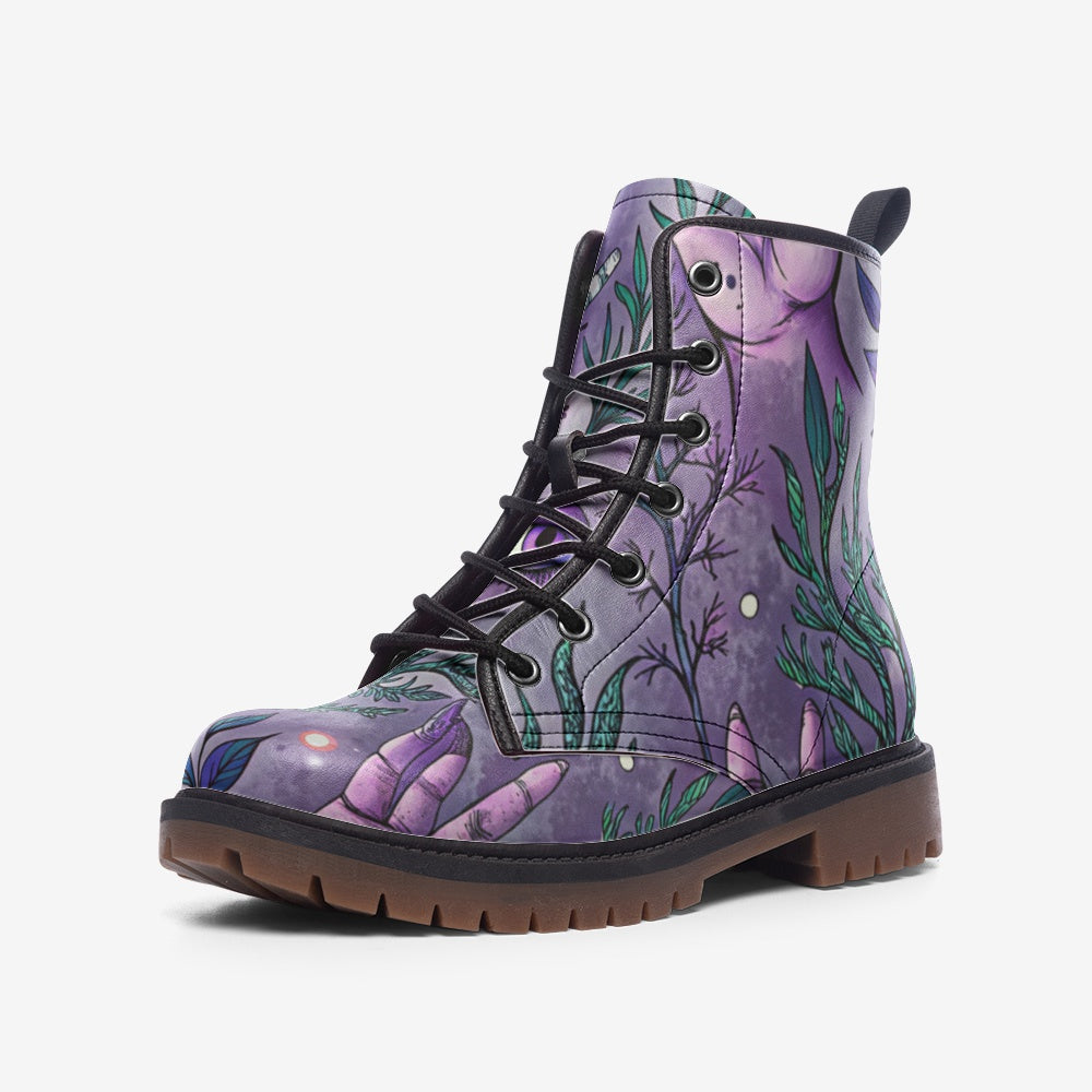 Mystic Botanical Vegan Combat Boots – Purple Hand Print