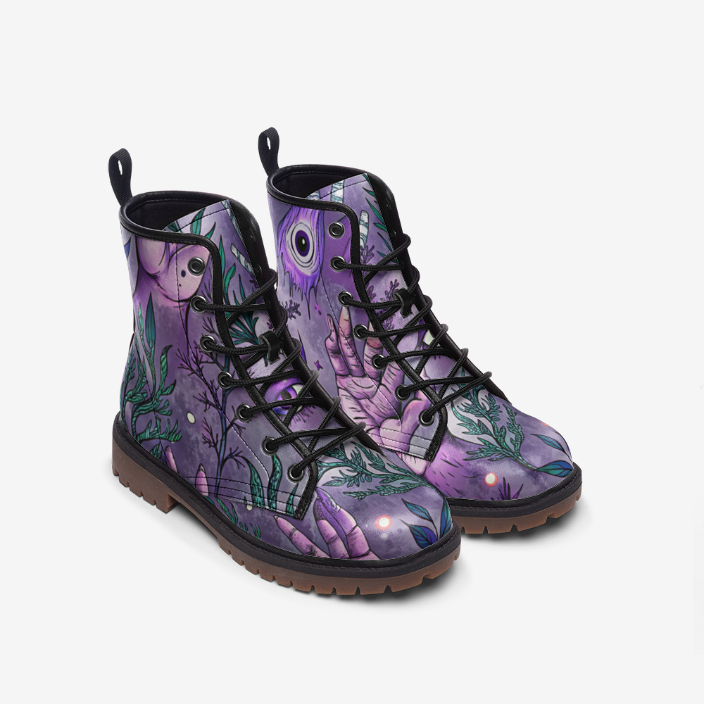 Mystic Botanical Vegan Combat Boots – Purple Hand Print