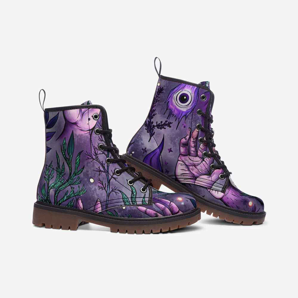 Mystic Botanical Vegan Combat Boots – Purple Hand Print