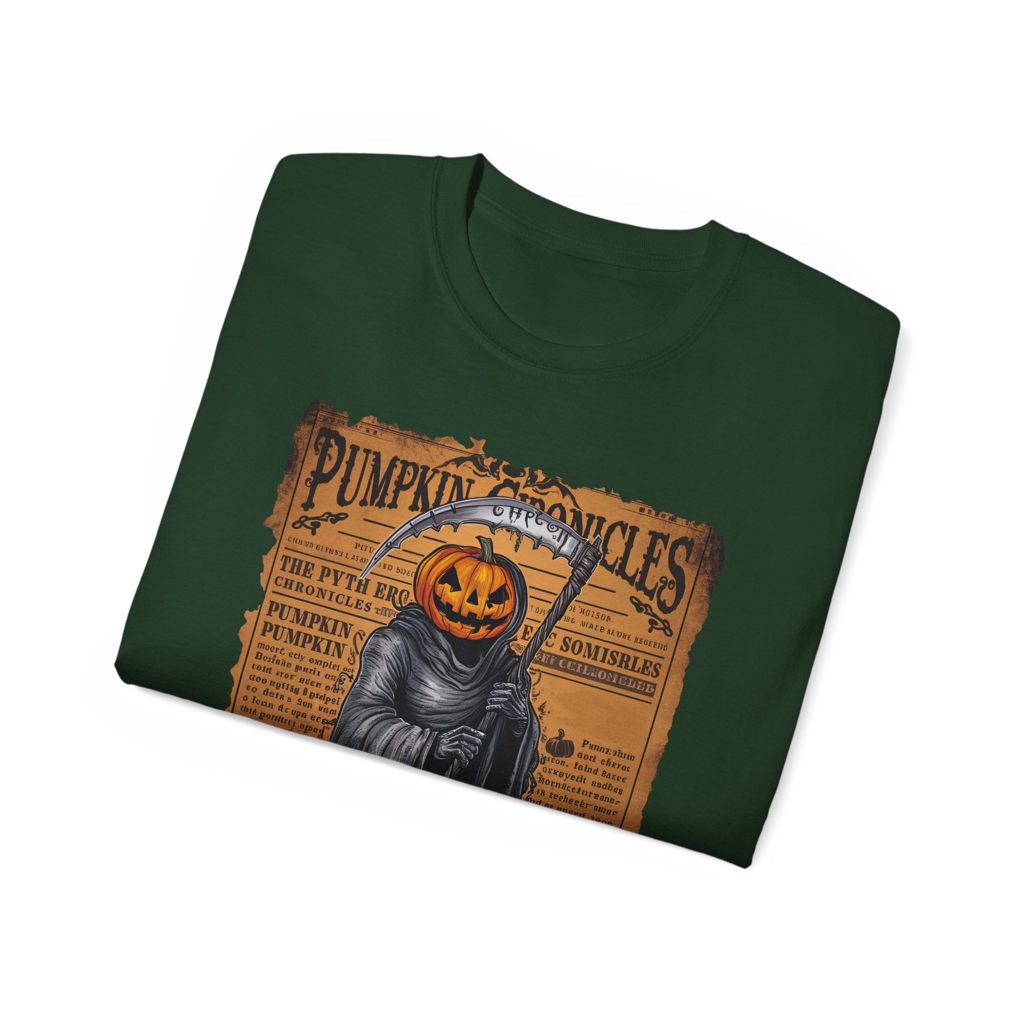 Pumpkin Chronicles Grim Reaper T-Shirt – Halloween Pumpkin Head Scythe Design