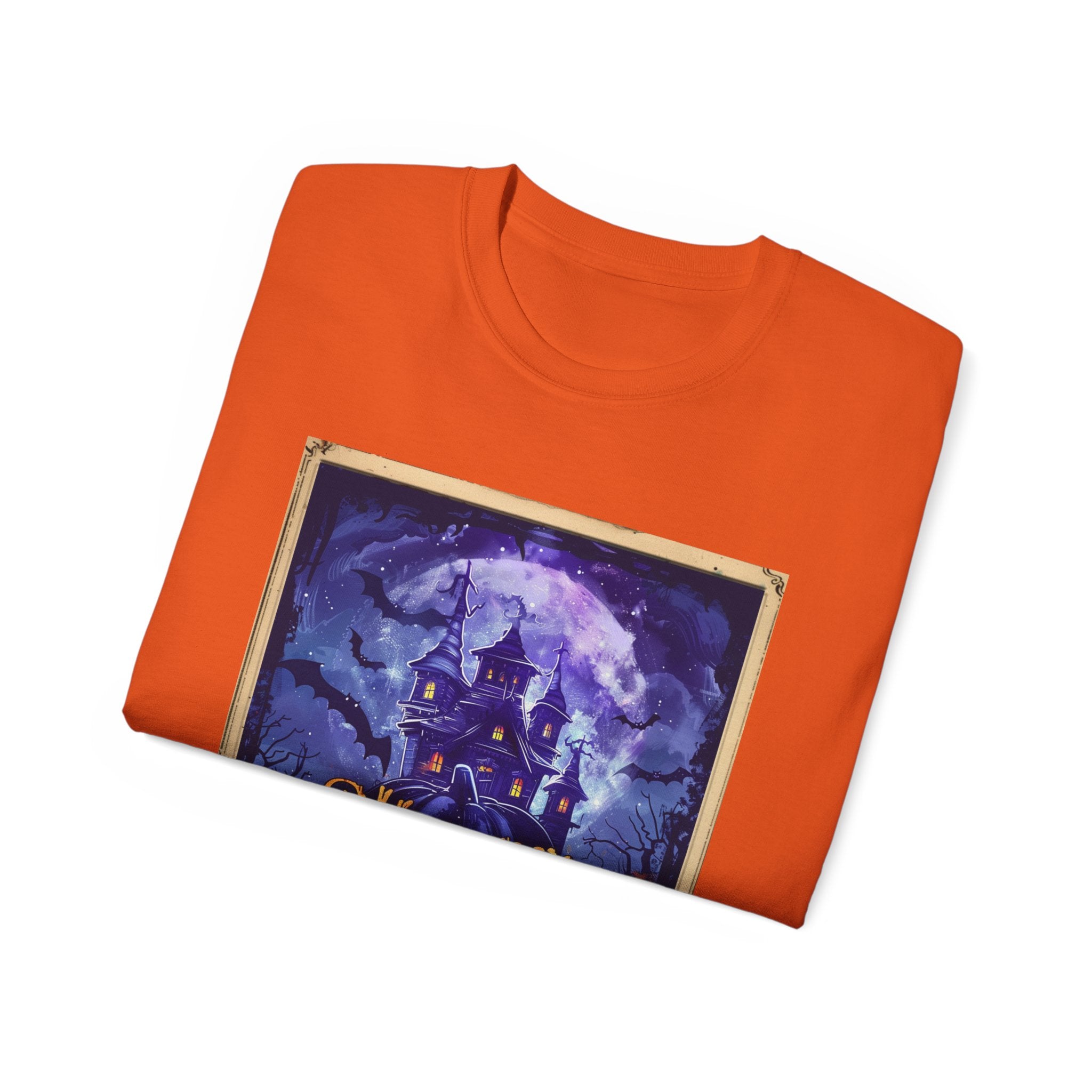 Halloween Haunted House T-Shirt – Spooky Moonlit Mansion & Pumpkins