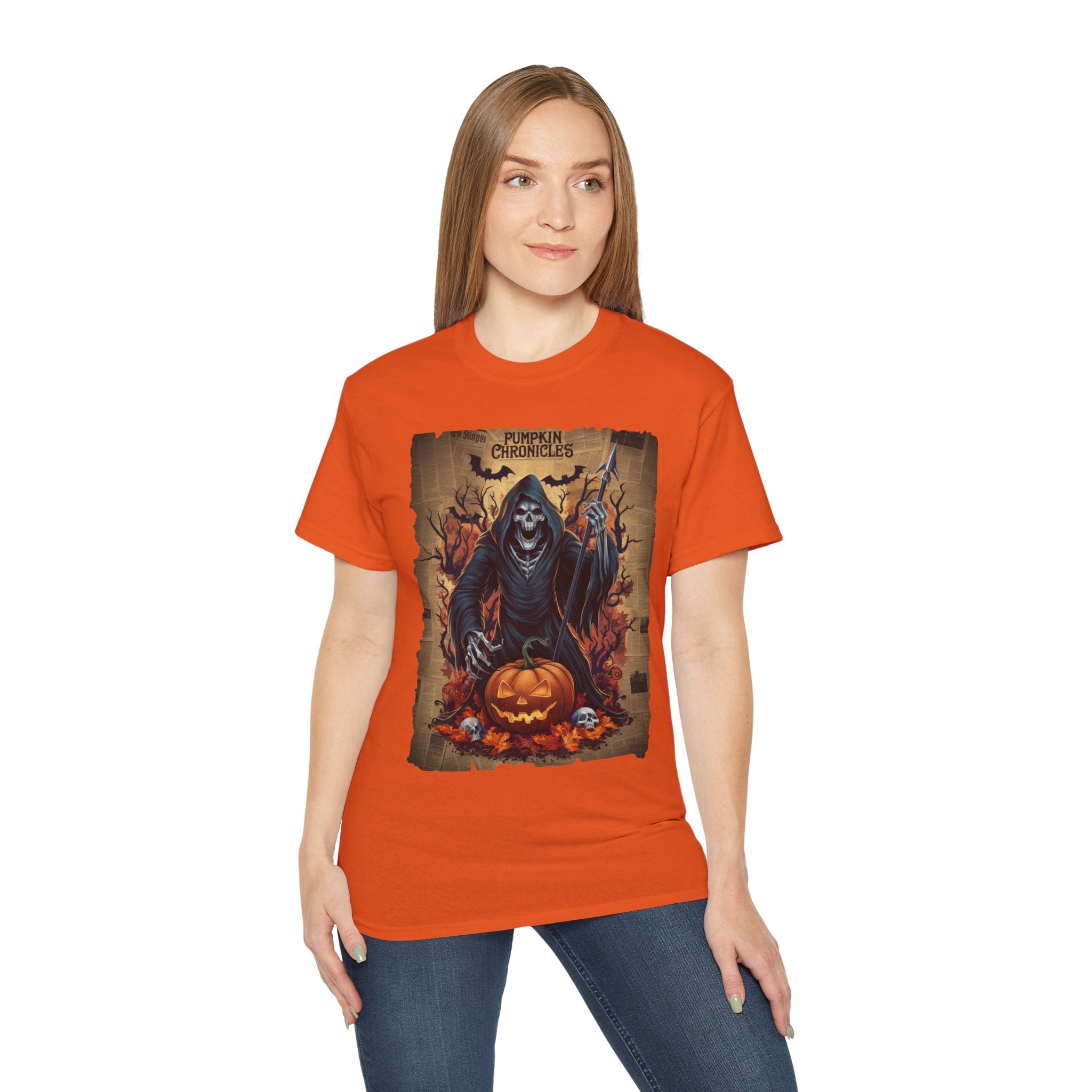 Pumpkin Chronicles Grim Reaper T-Shirt – Halloween Scythe & Pumpkin Skull Design