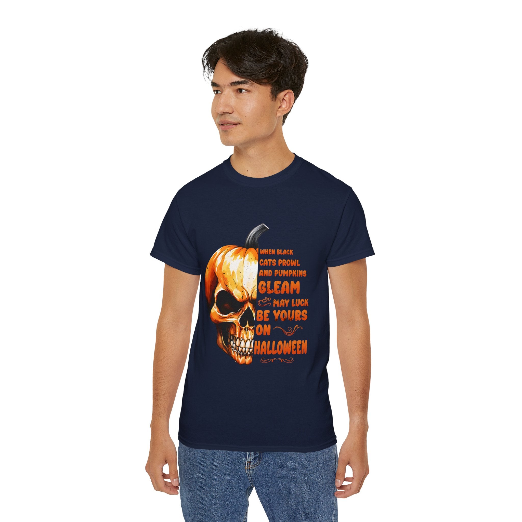 Pumpkin Skull Halloween T-Shirt – Spooky Skull and Pumpkin Half Design