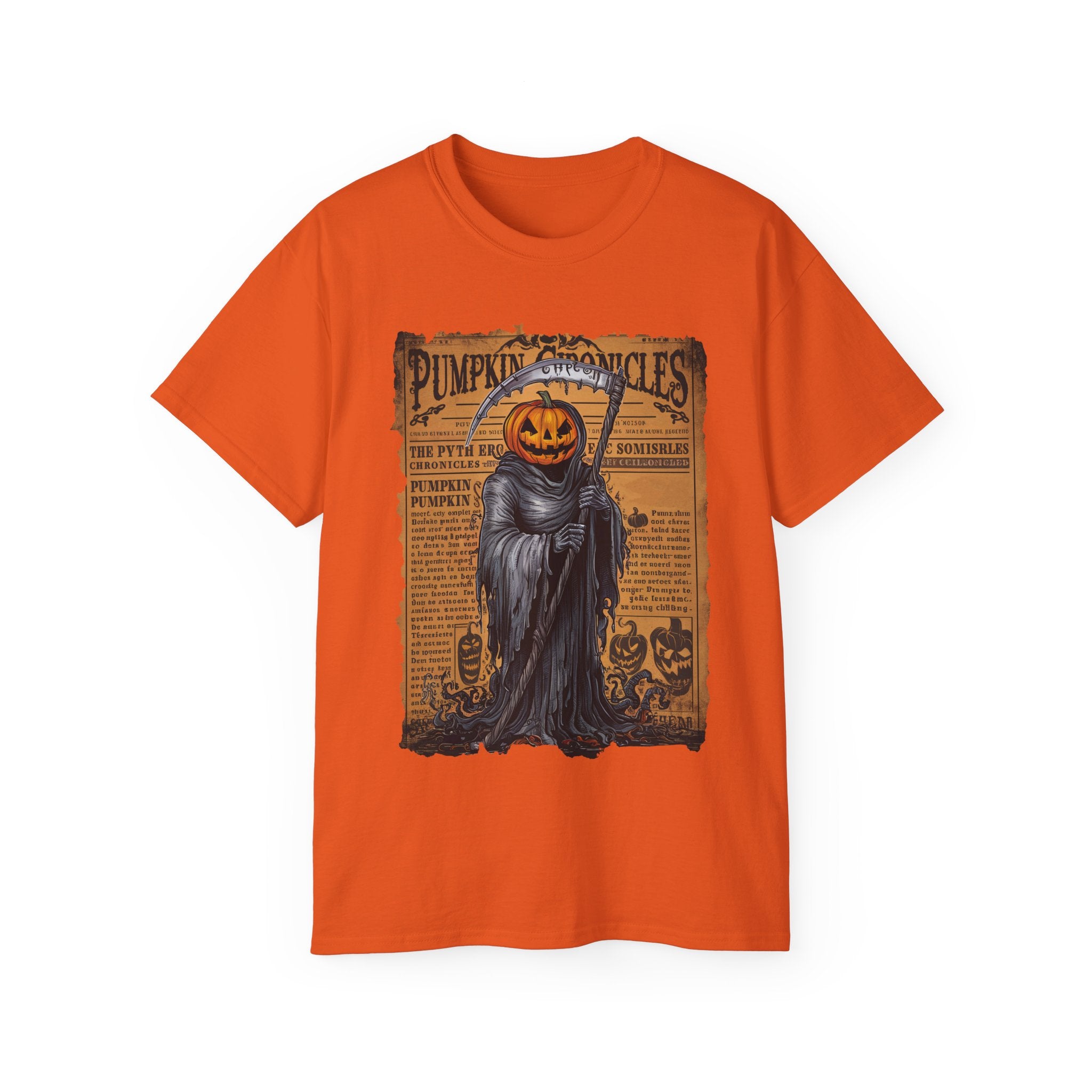 Pumpkin Chronicles Grim Reaper T-Shirt – Halloween Pumpkin Head Scythe Design