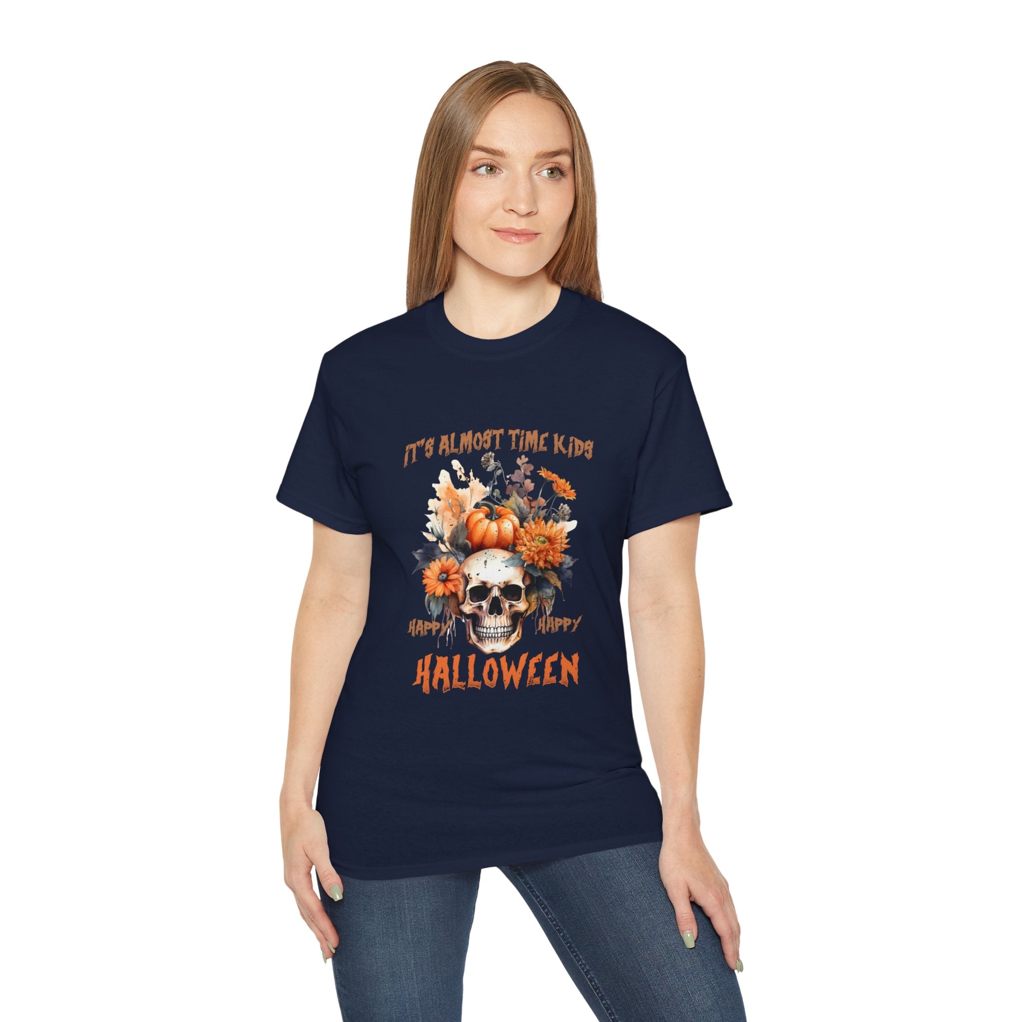 Happy Happy Halloween Skull & Pumpkin T-Shirt – Fall Floral Halloween Design