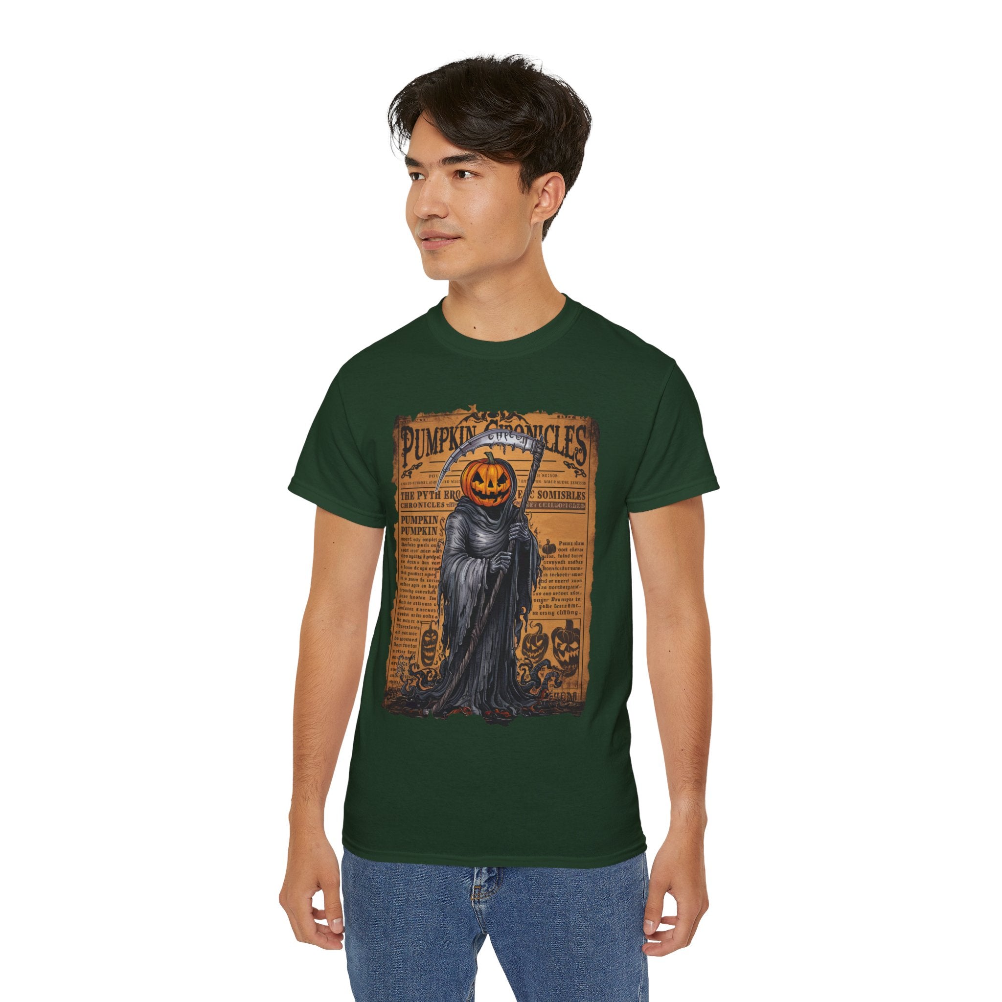 Pumpkin Chronicles Grim Reaper T-Shirt – Halloween Pumpkin Head Scythe Design