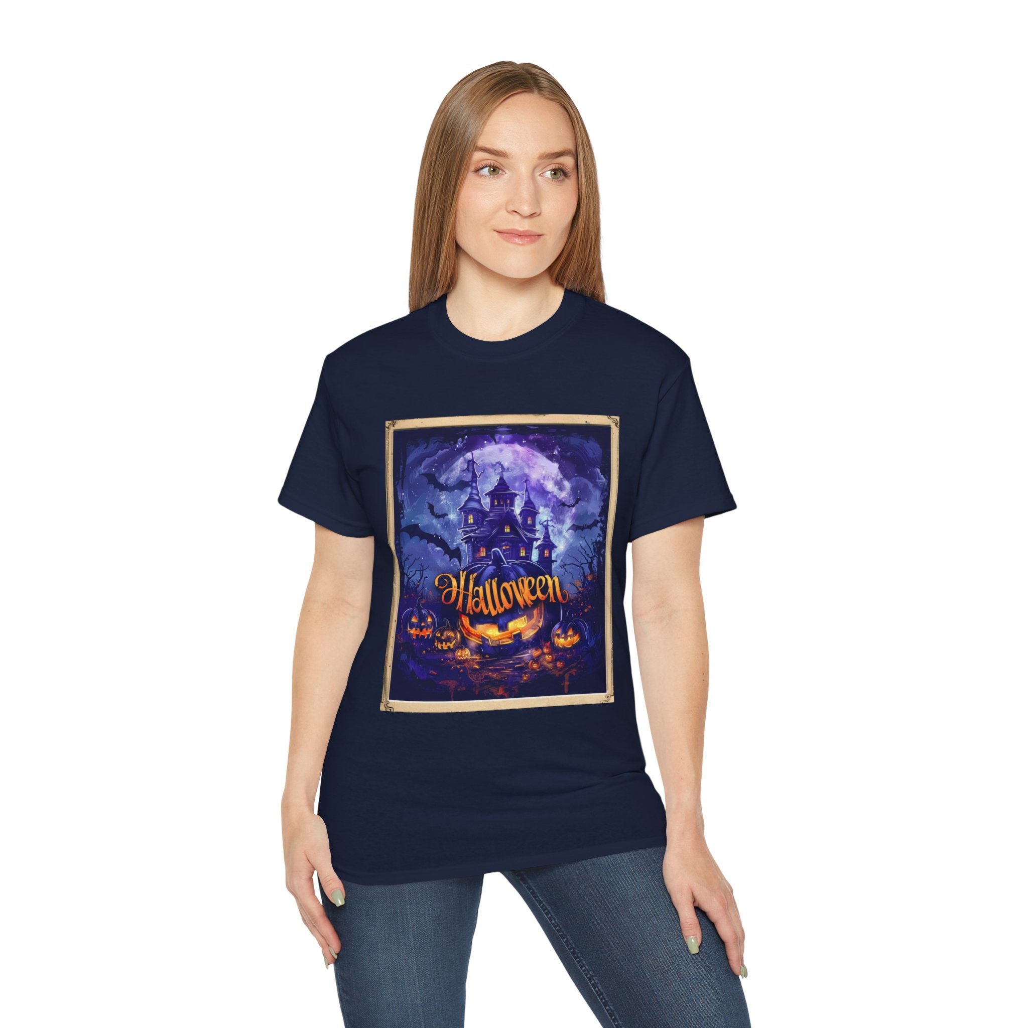 Halloween Haunted House T-Shirt – Spooky Moonlit Mansion & Pumpkins