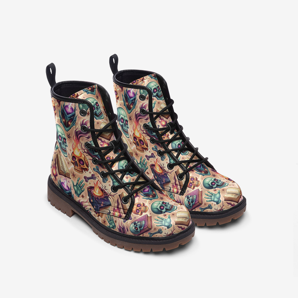 Mystic Skull Vegan Combat Boots – Spellbook & Magic Print
