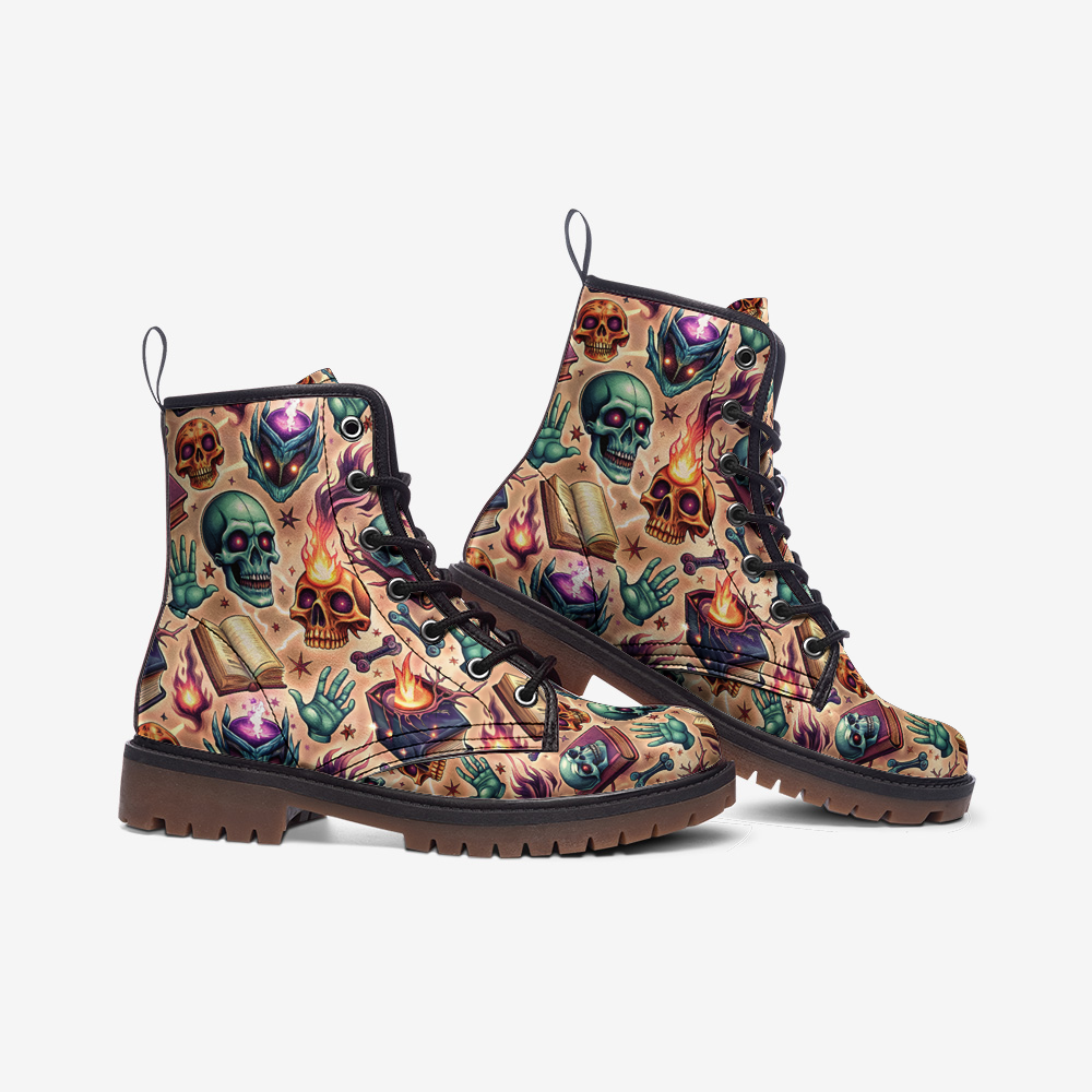 Mystic Skull Vegan Combat Boots – Spellbook & Magic Print