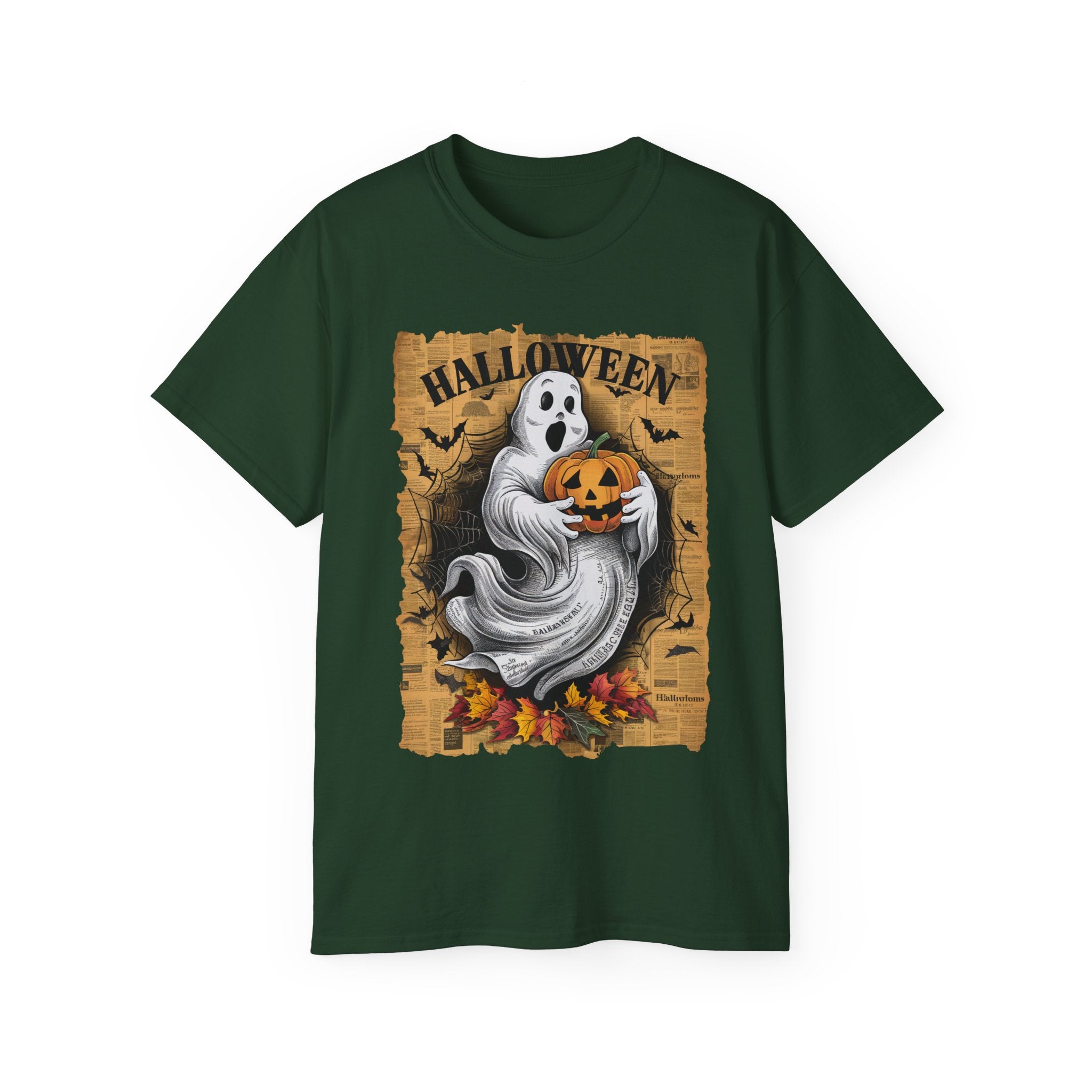 Halloween Ghost and Pumpkin T-Shirt – Vintage Newspaper Background Design