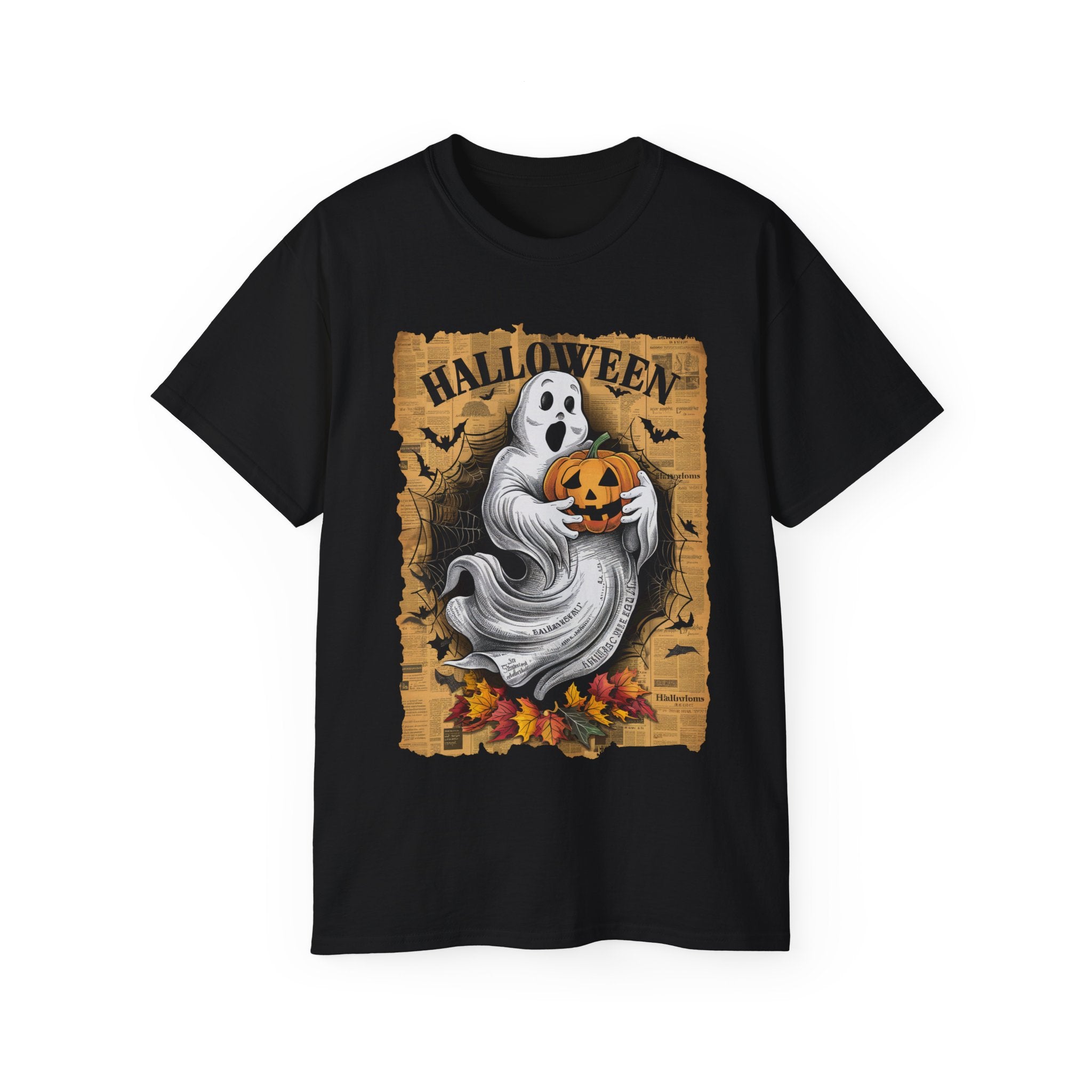 Halloween Ghost and Pumpkin T-Shirt – Vintage Newspaper Background Design