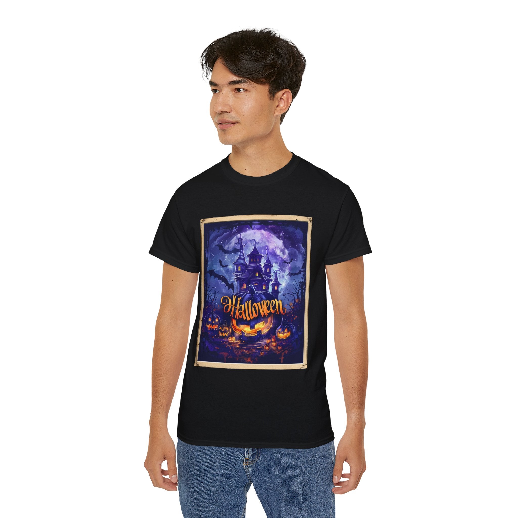 Halloween Haunted House T-Shirt – Spooky Moonlit Mansion & Pumpkins