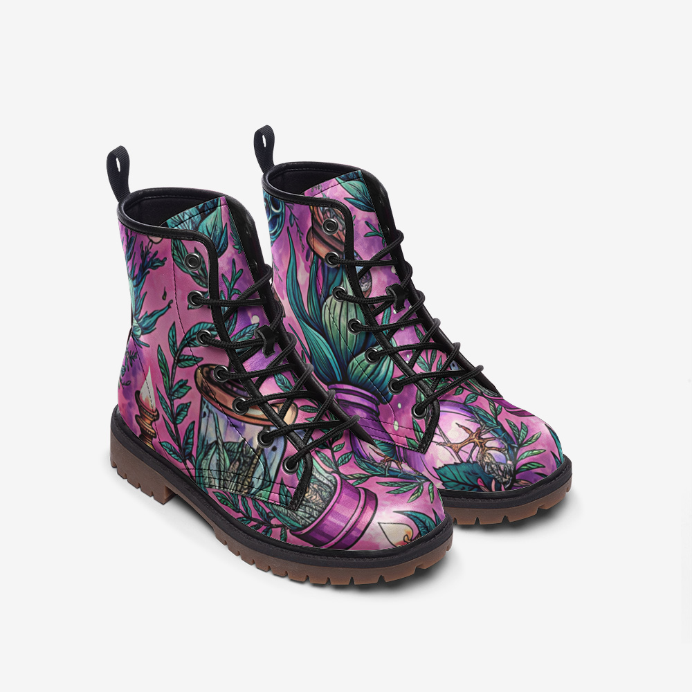 Botanical Pink Vegan Combat Boots – Illustrated Nature Print