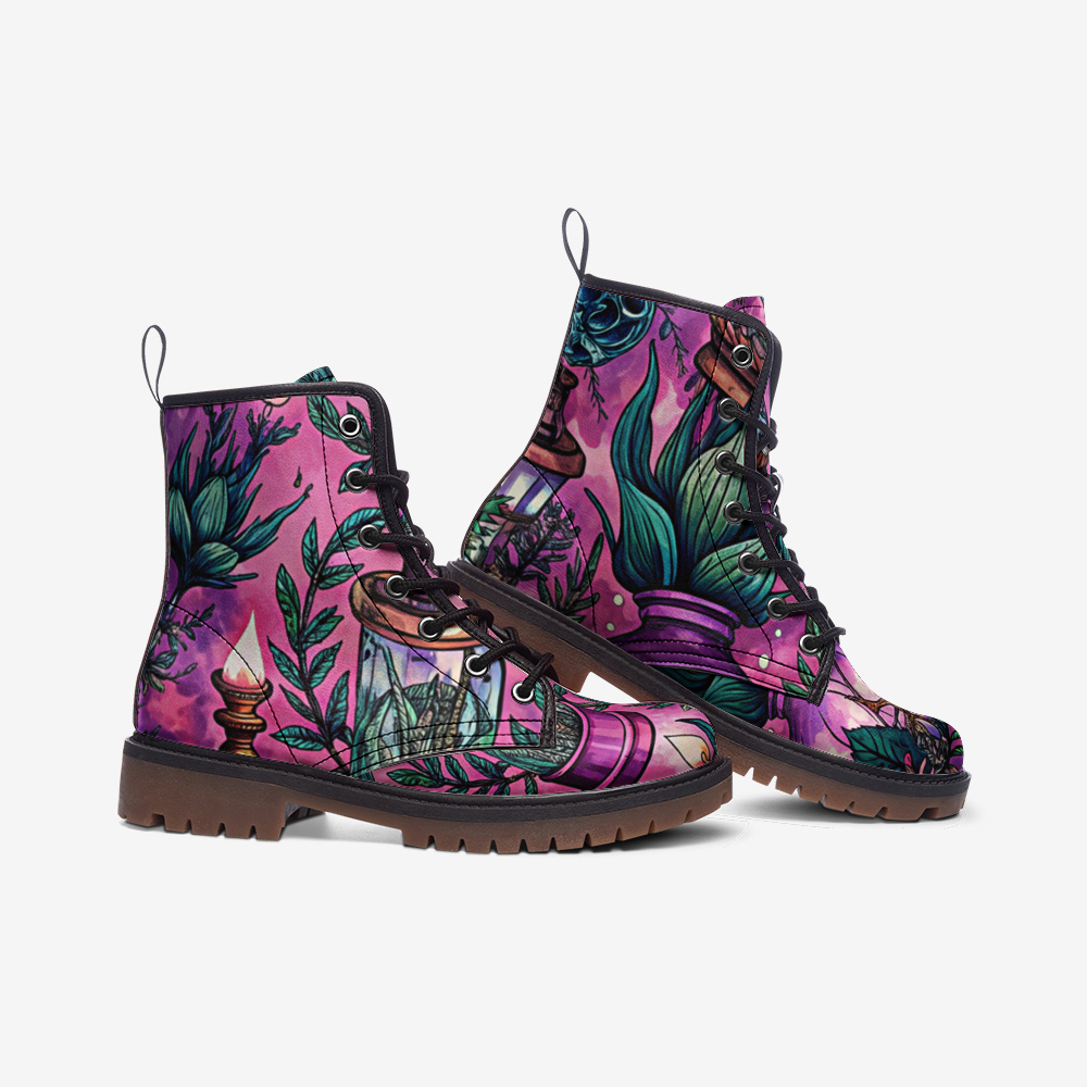 Botanical Pink Vegan Combat Boots – Illustrated Nature Print