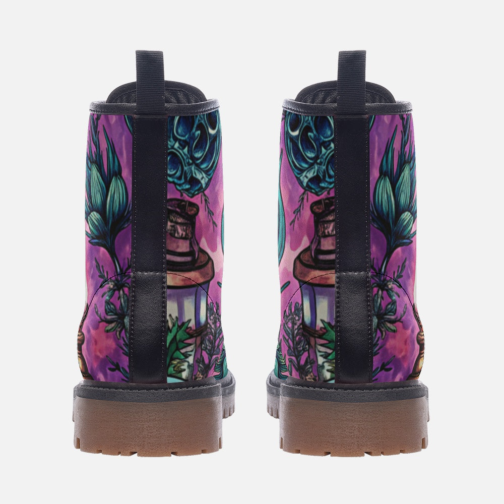Botanical Pink Vegan Combat Boots – Illustrated Nature Print