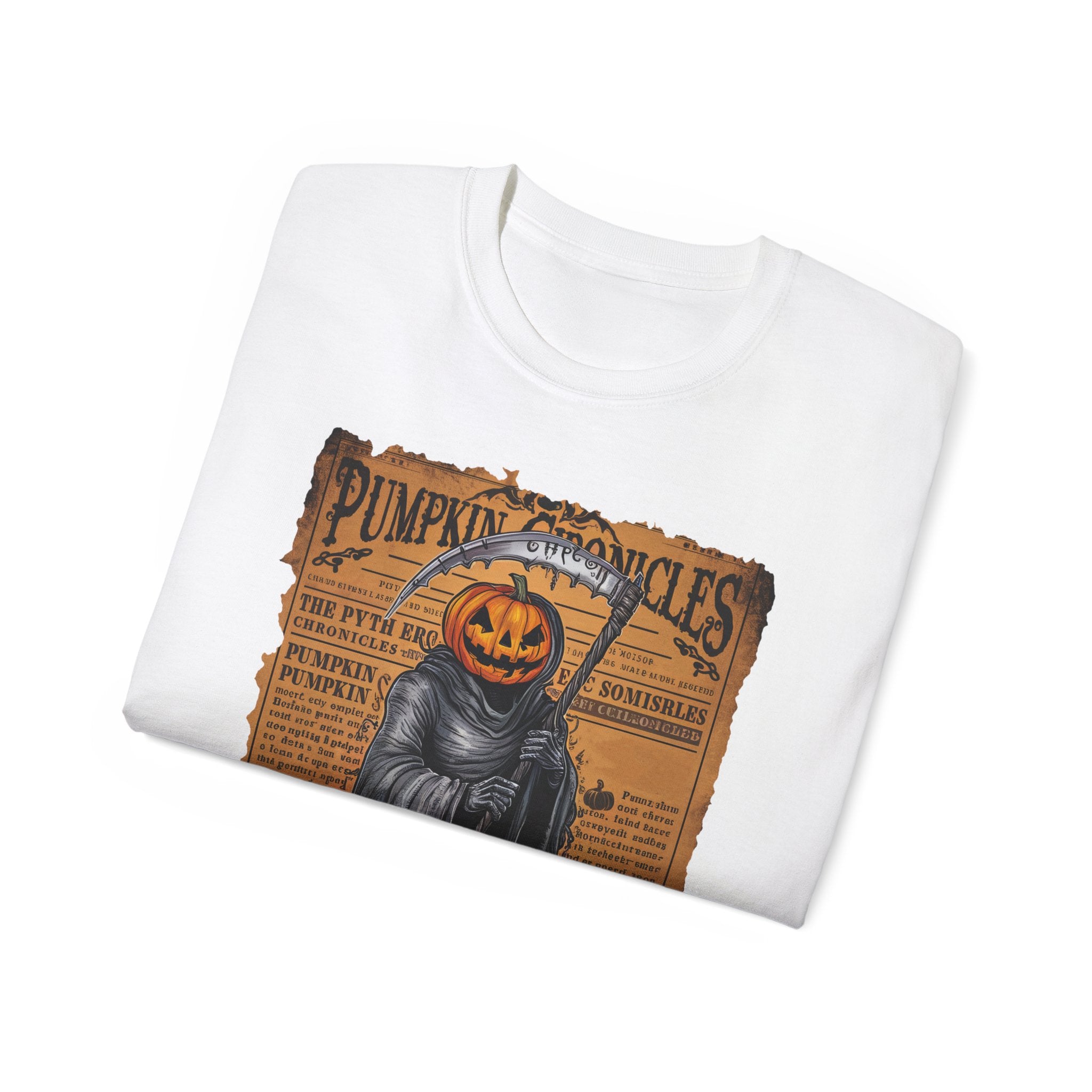 Pumpkin Chronicles Grim Reaper T-Shirt – Halloween Pumpkin Head Scythe Design