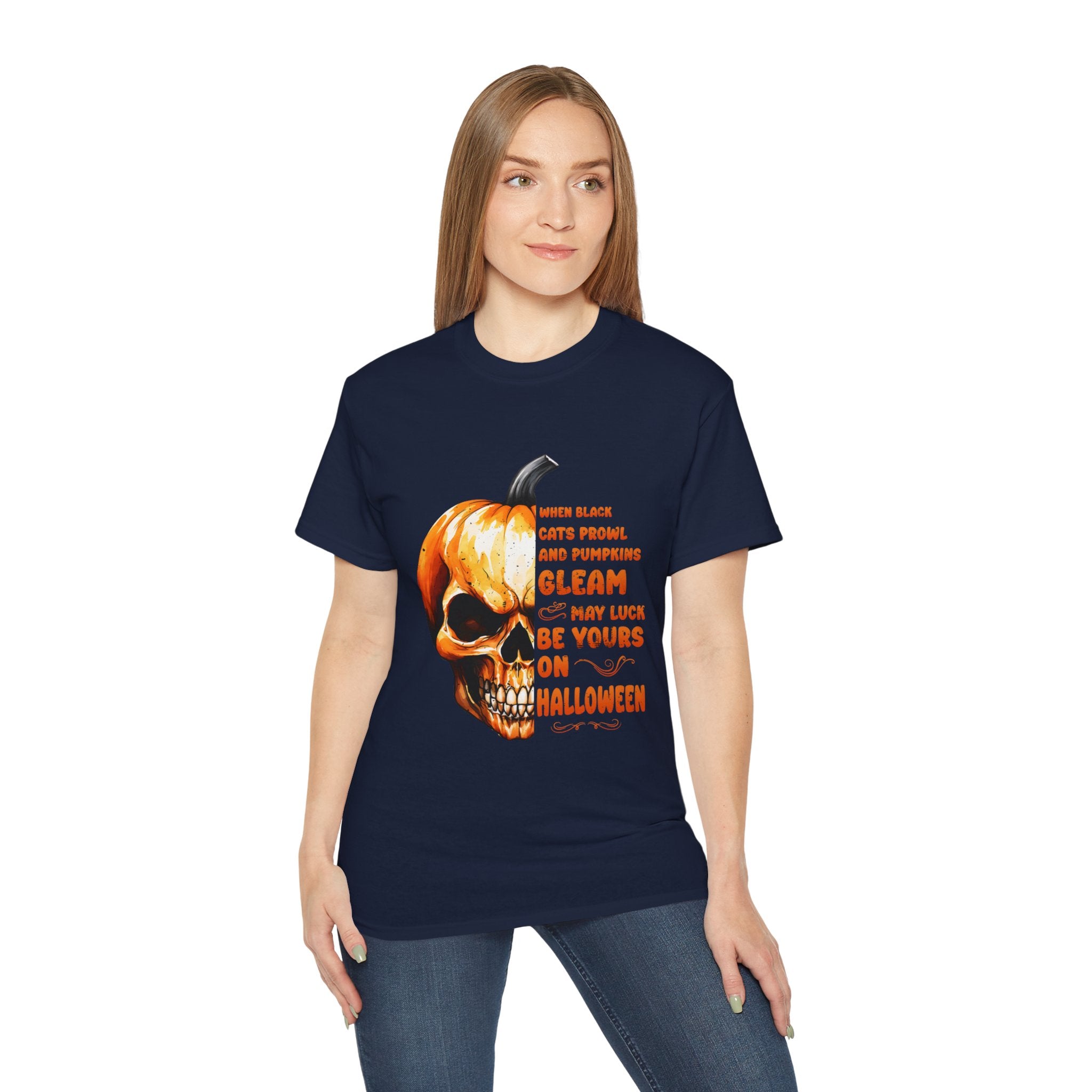 Pumpkin Skull Halloween T-Shirt – Spooky Skull and Pumpkin Half Design