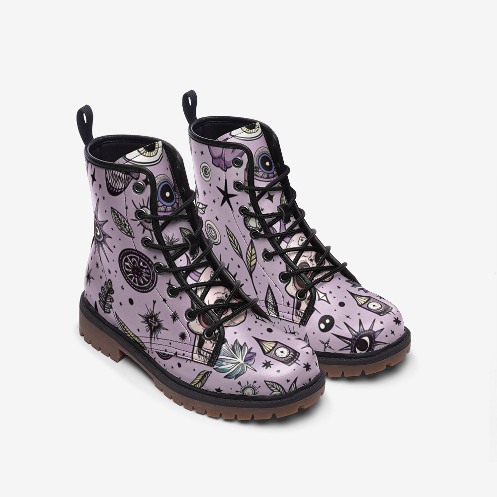 Celestial Symbols Vegan Combat Boots – Boho Pink Edition