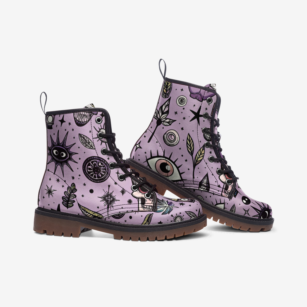 Celestial Symbols Vegan Combat Boots – Boho Pink Edition