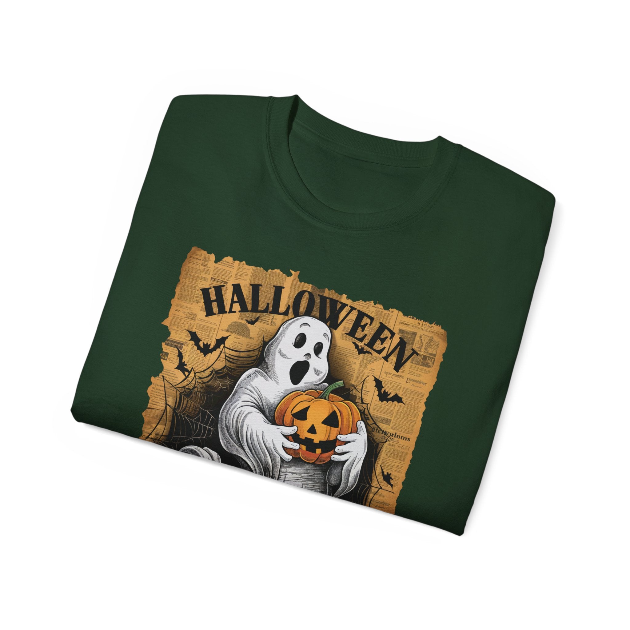 Halloween Ghost and Pumpkin T-Shirt – Vintage Newspaper Background Design