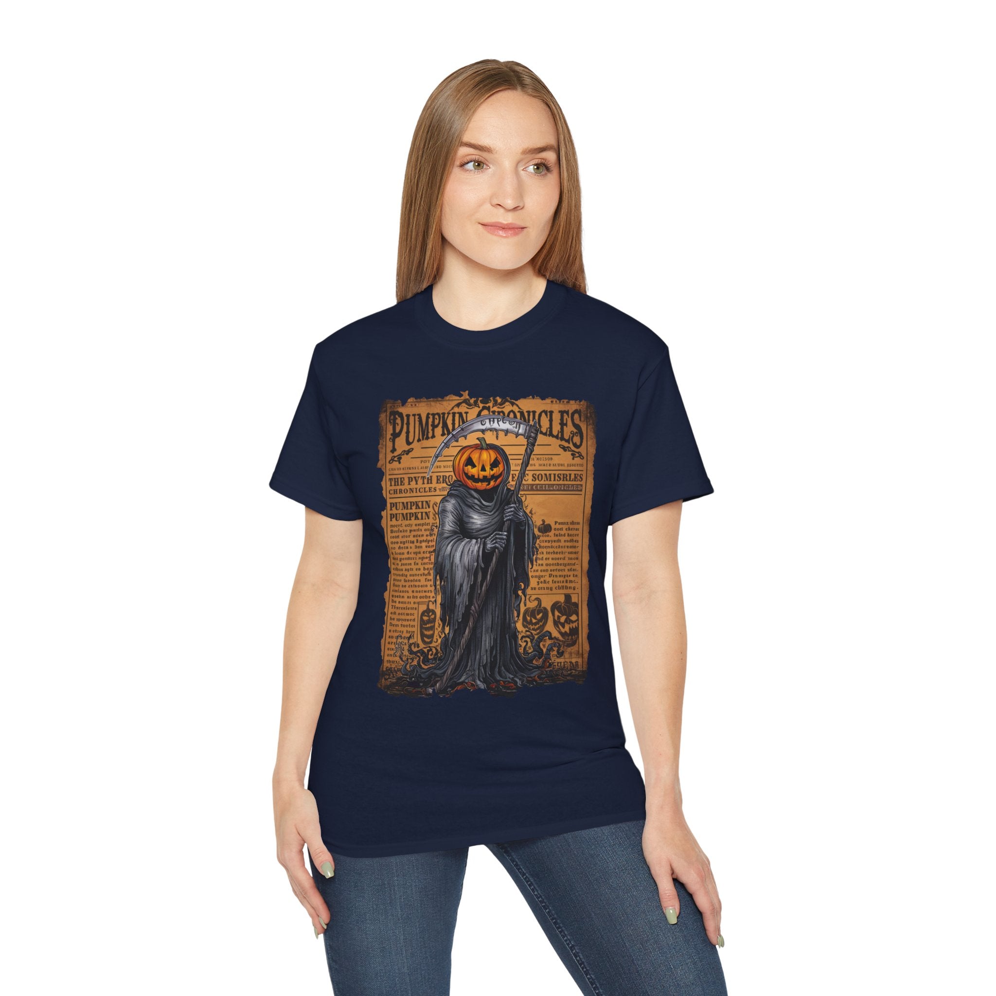 Pumpkin Chronicles Grim Reaper T-Shirt – Halloween Pumpkin Head Scythe Design