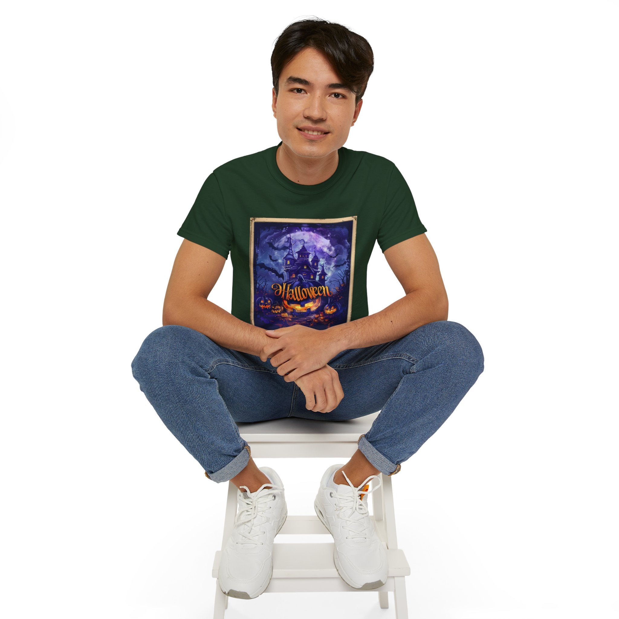 Halloween Haunted House T-Shirt – Spooky Moonlit Mansion & Pumpkins