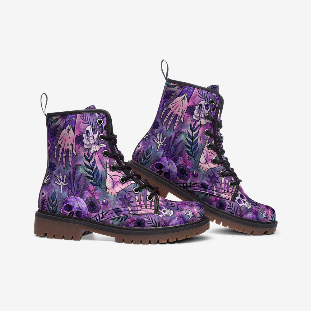 Mystic Purple Vegan Combat Boots – Botanical Hand Print
