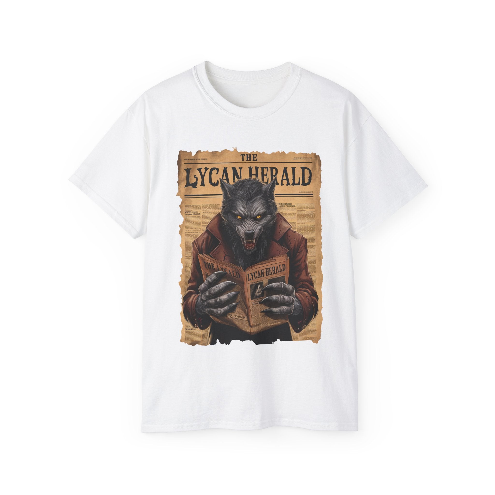 The Lycan Herald Werewolf T-Shirt – Halloween Werewolf Newspaper Design