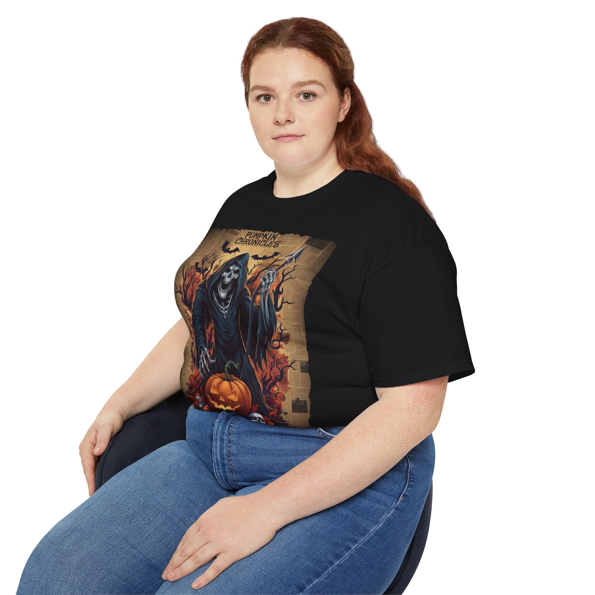 Pumpkin Chronicles Grim Reaper T-Shirt – Halloween Scythe & Pumpkin Skull Design