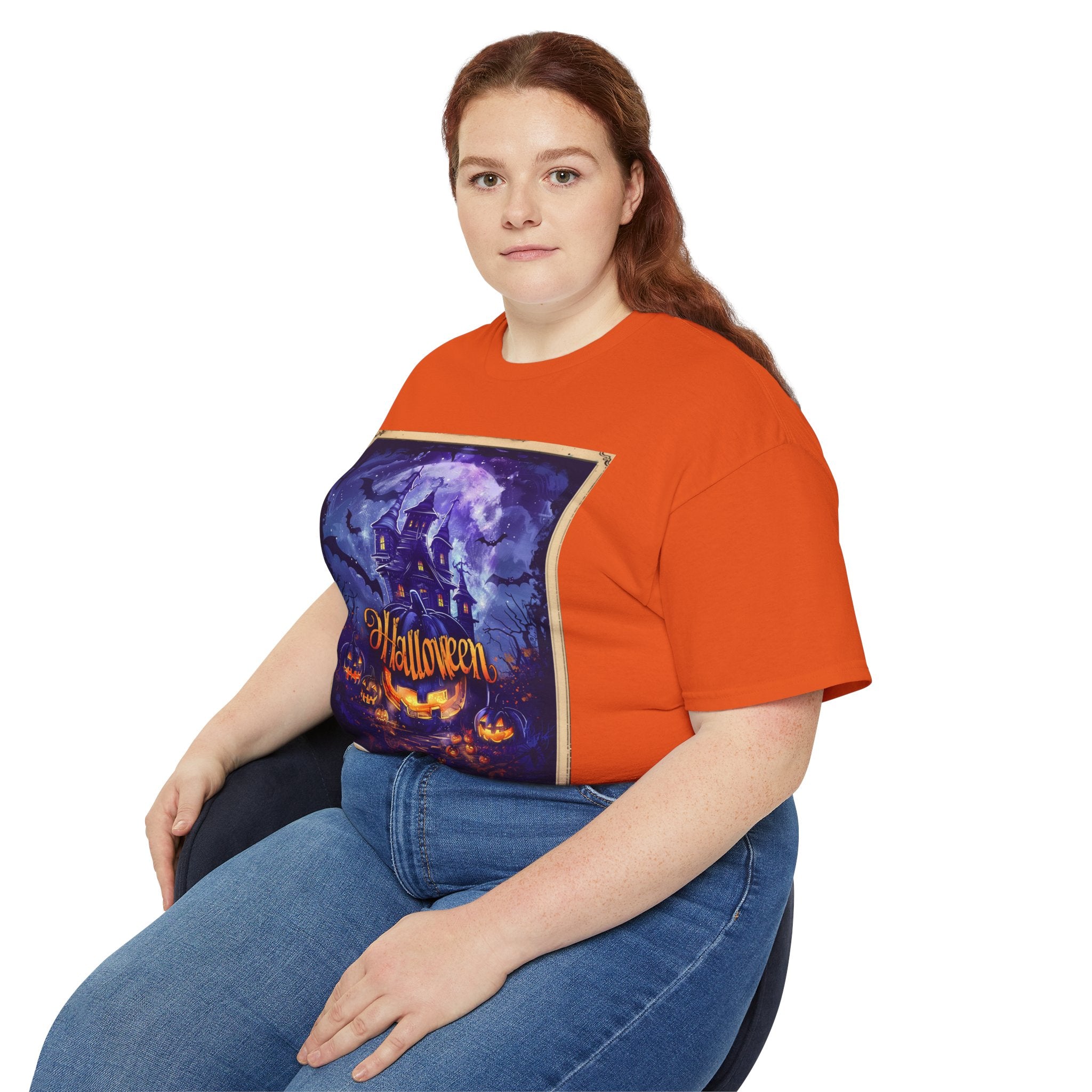 Halloween Haunted House T-Shirt – Spooky Moonlit Mansion & Pumpkins