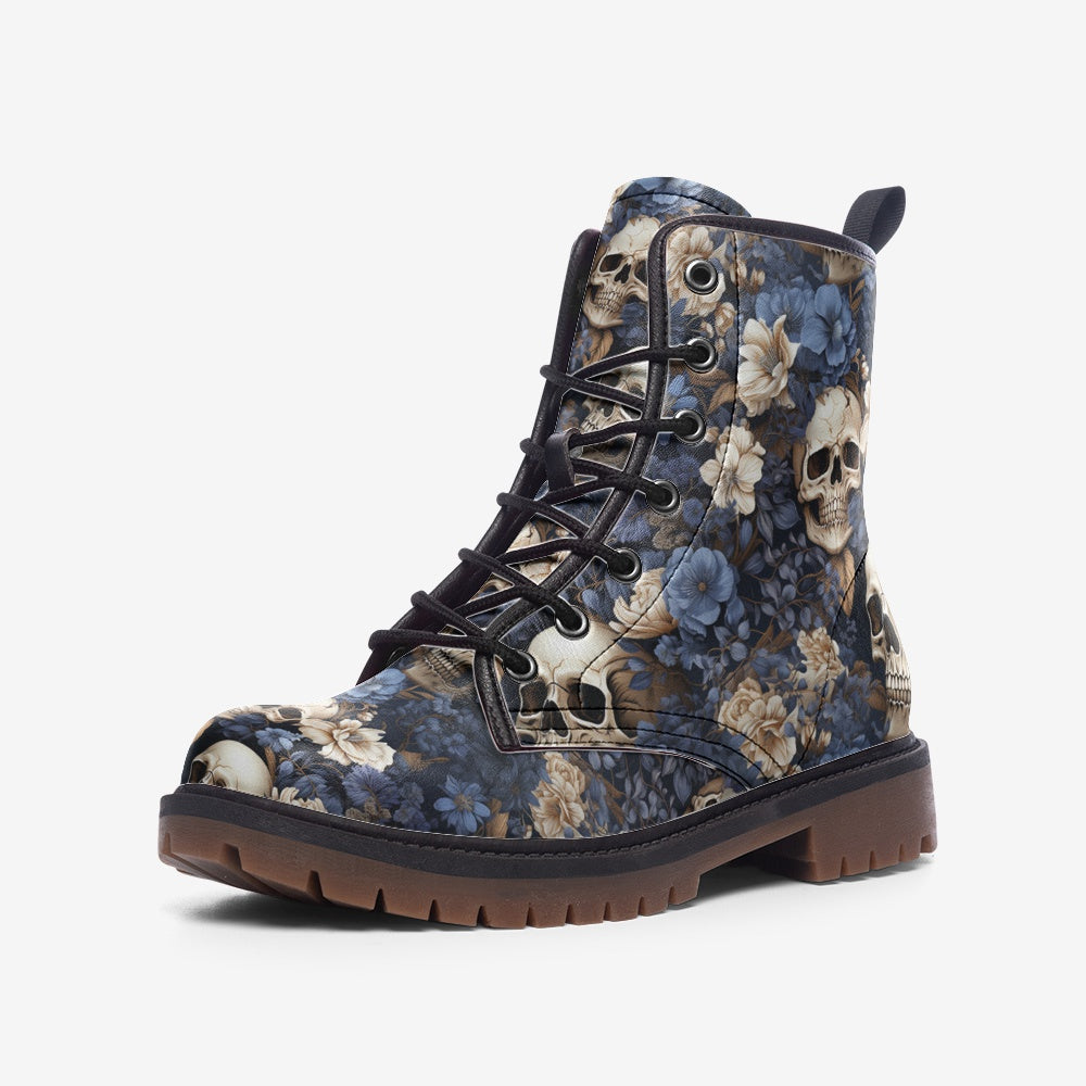 Skull & Blue Floral Combat Boots – Vegan Gothic Style