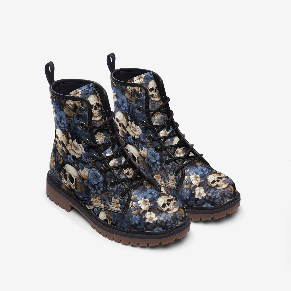 Skull & Blue Floral Combat Boots – Vegan Gothic Style