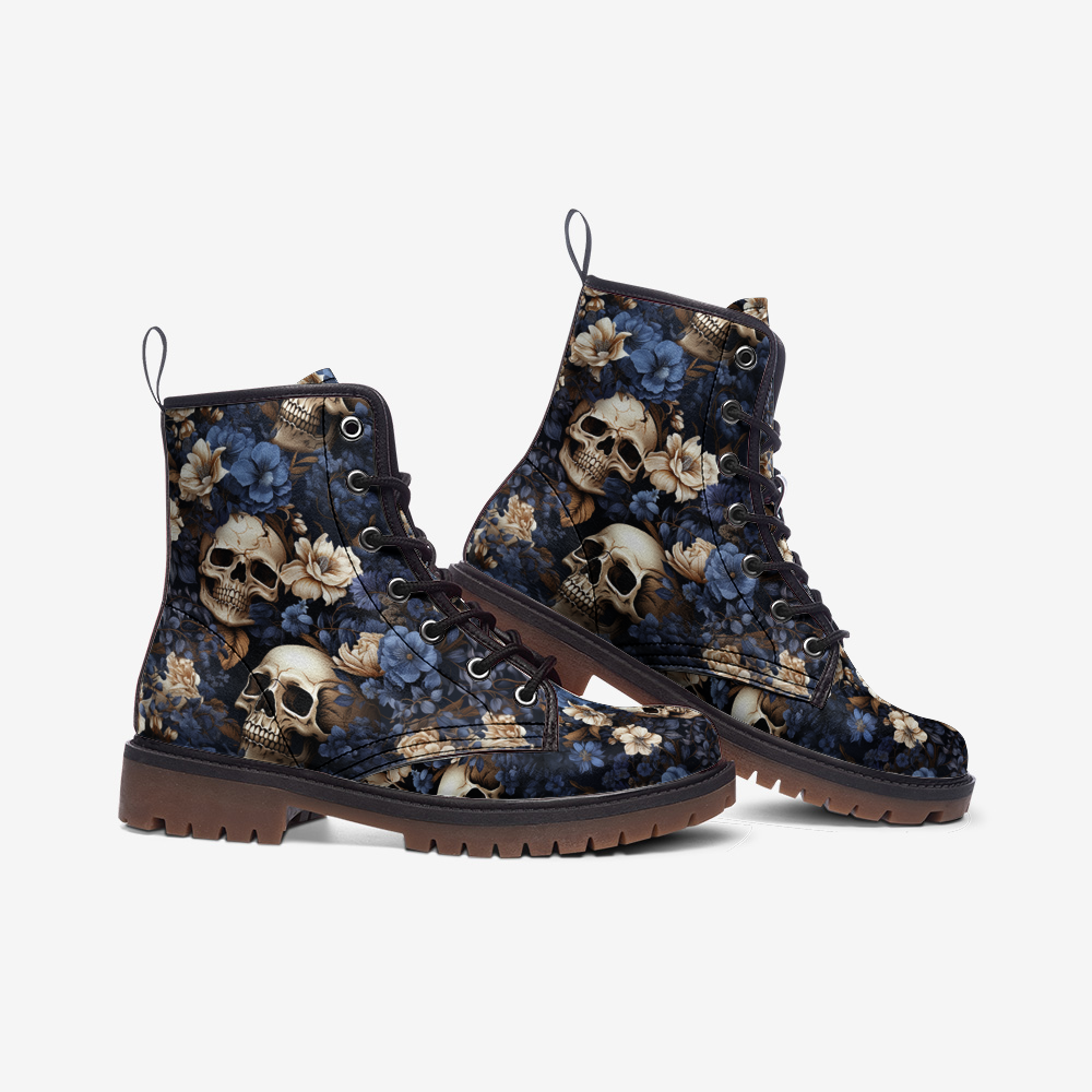 Skull & Blue Floral Combat Boots – Vegan Gothic Style
