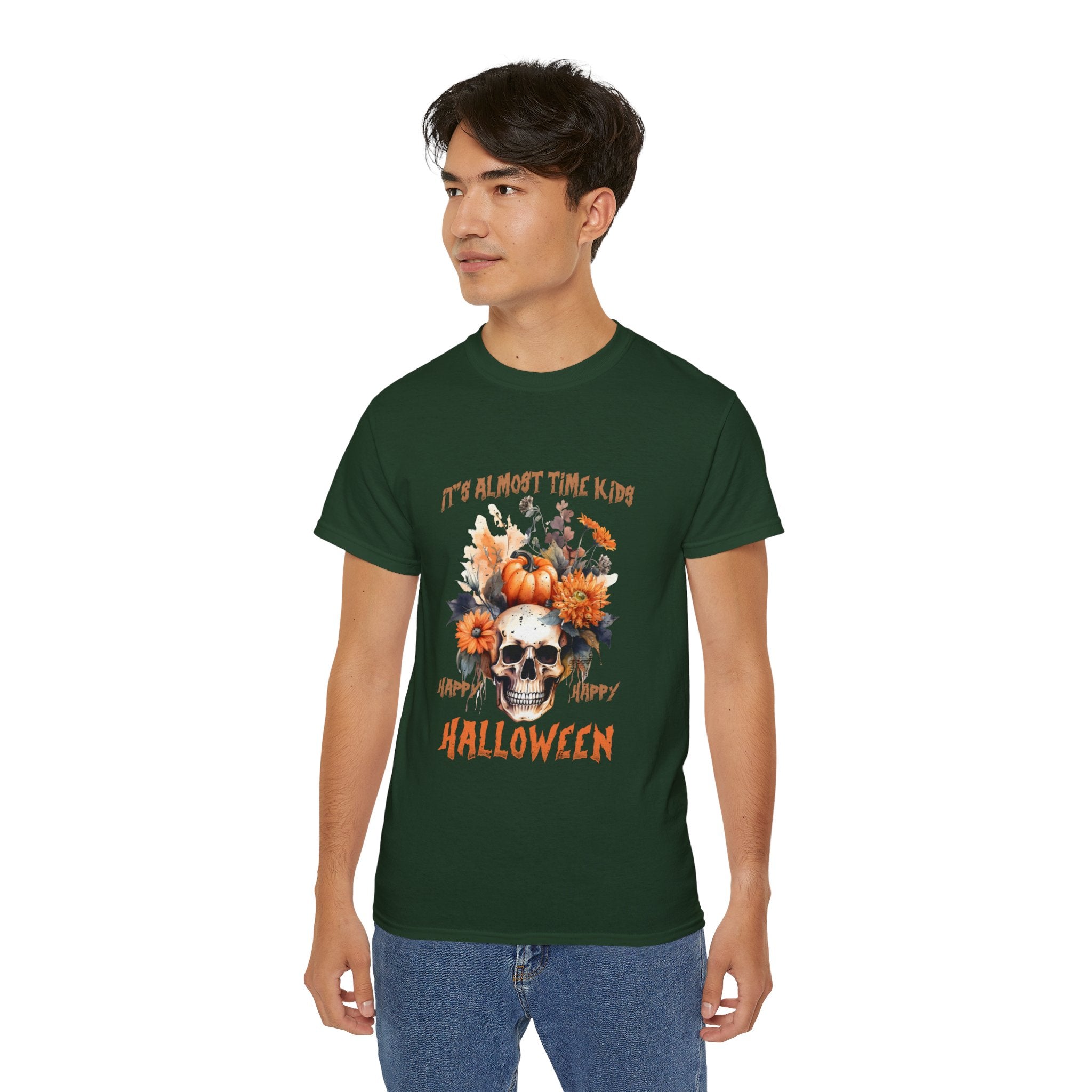 Happy Happy Halloween Skull & Pumpkin T-Shirt – Fall Floral Halloween Design