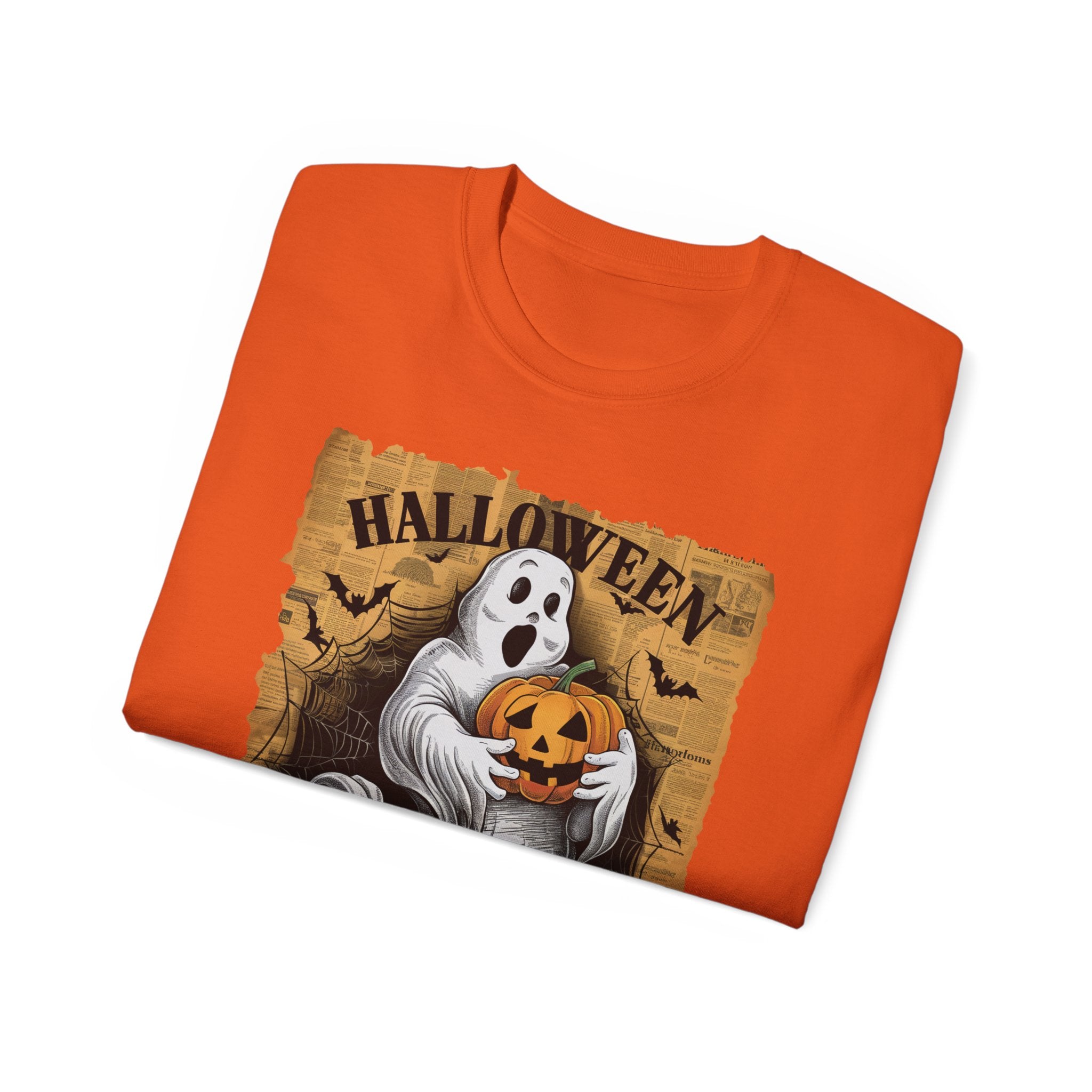 Halloween Ghost and Pumpkin T-Shirt – Vintage Newspaper Background Design