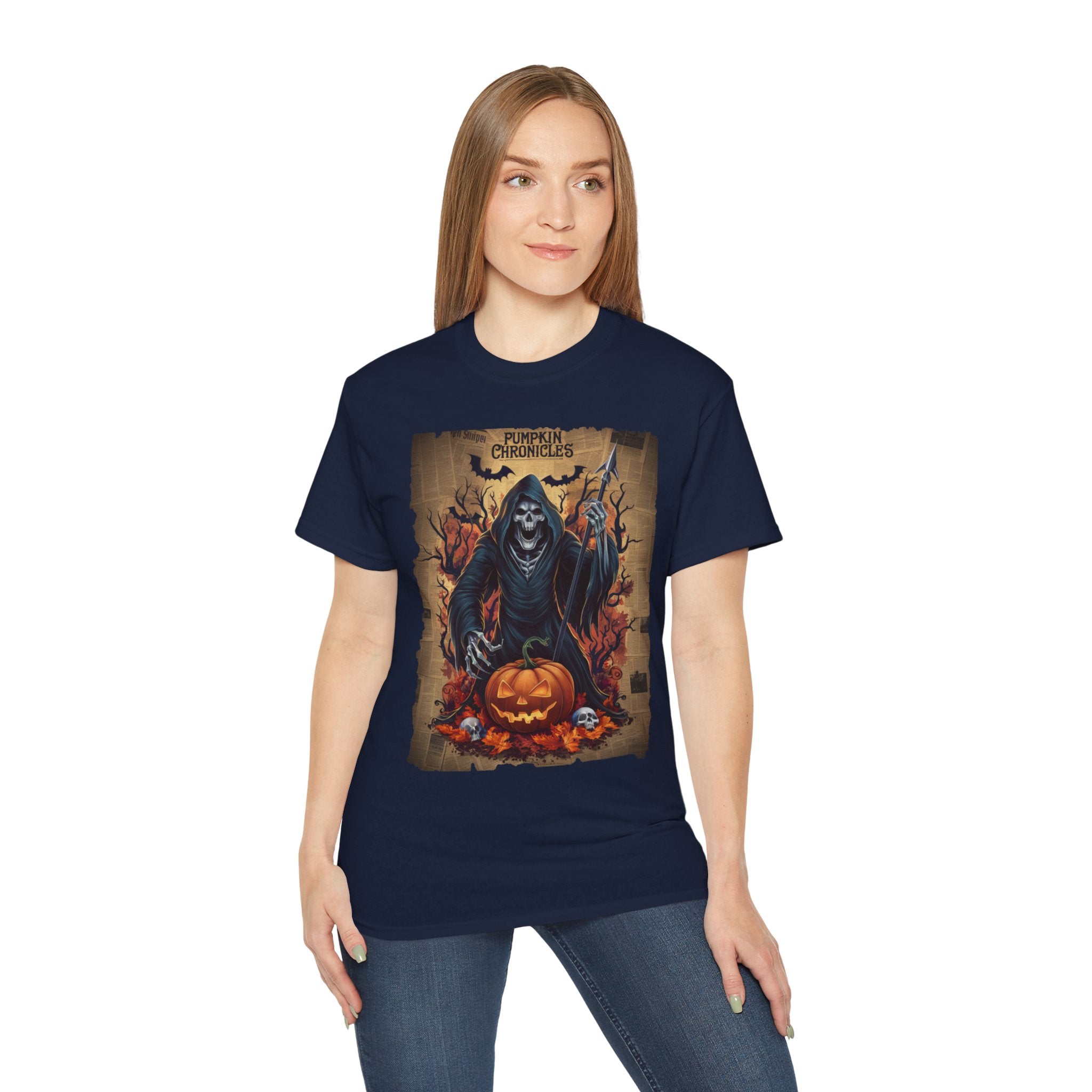 Pumpkin Chronicles Grim Reaper T-Shirt – Halloween Scythe & Pumpkin Skull Design